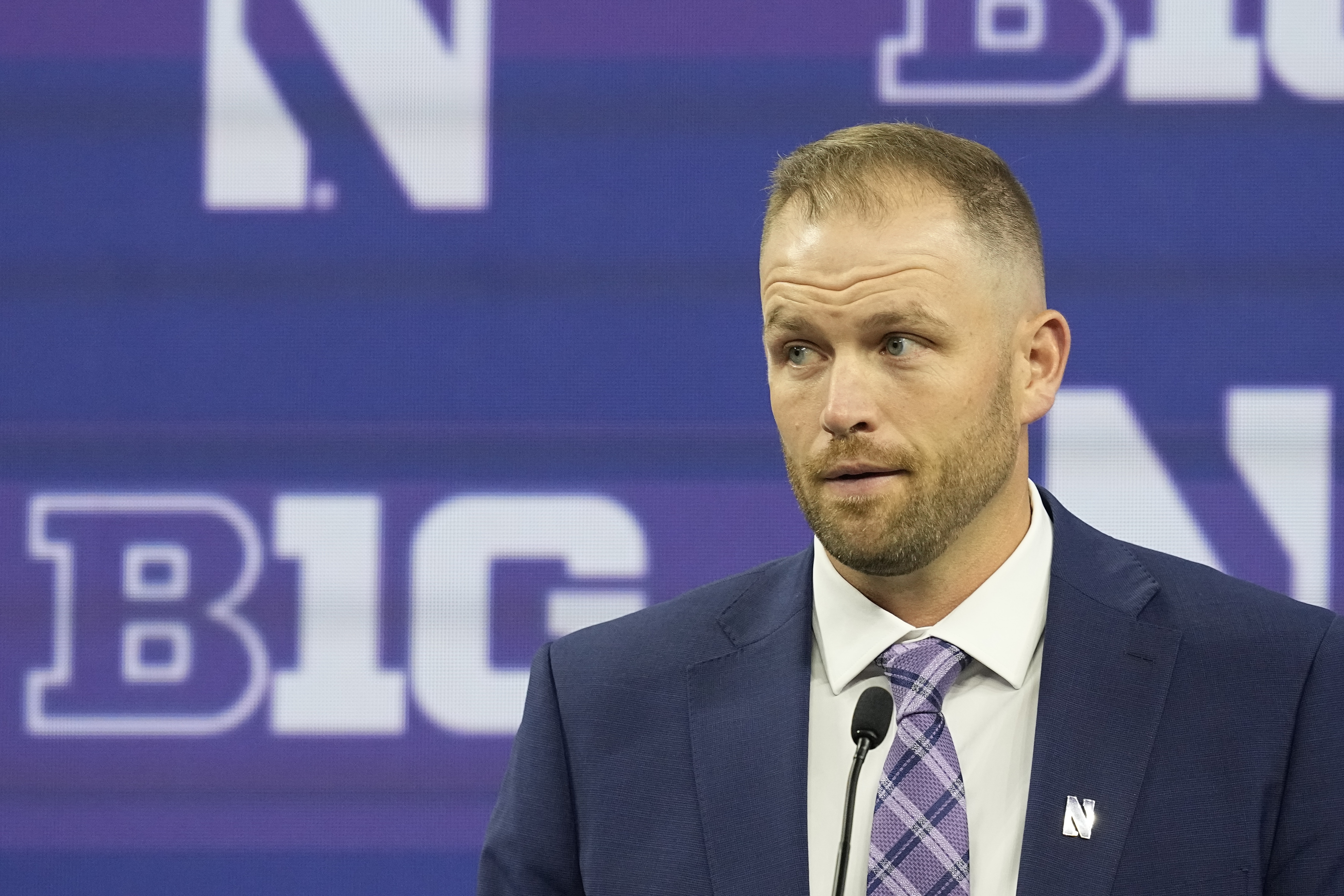 Northwestern interim head coach David Braun speaks during an NCAA college football news conference at the Big Ten Conference media days at Lucas Oil Stadium, Wednesday, July 26, 2023, in Indianapolis.