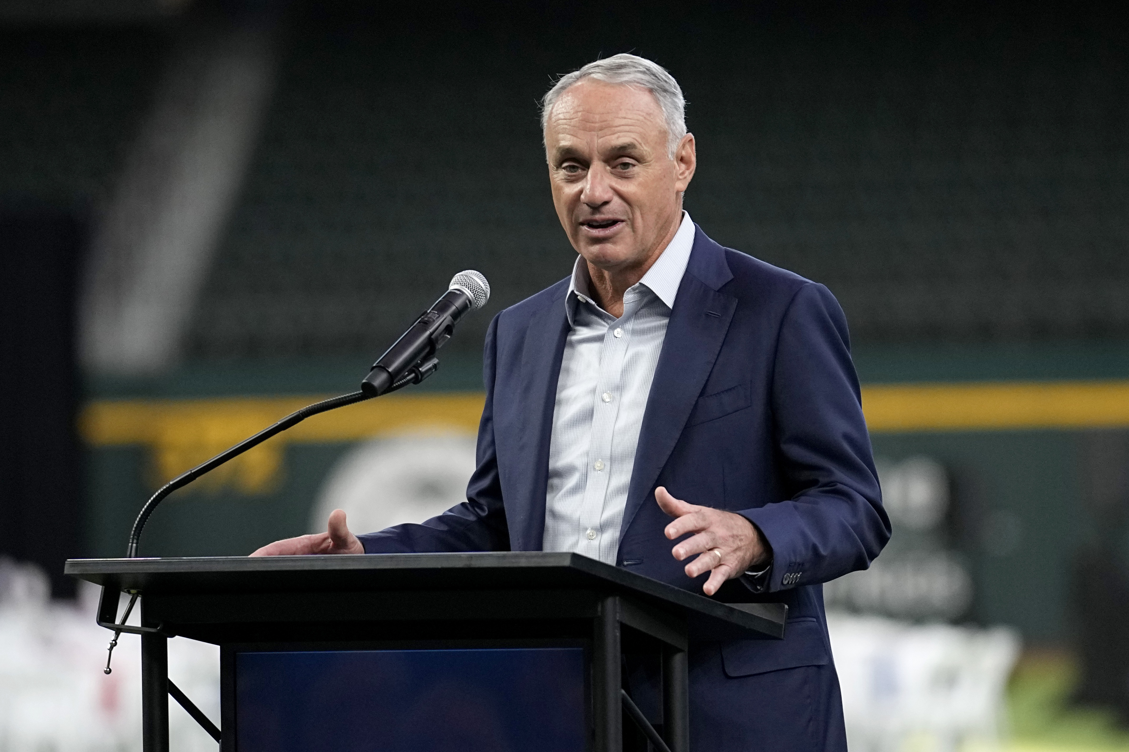 Major League Baseball Commissioner Rob Manfred makes comments before the unveiling of the 2024 All-Star game logo, Thursday, July 20, 2023, in Arlington, Texas. The MLB All-Star Game has grown into a truly Texas-sized event since the last time the Rangers hosted the midsummer classic. The countdown is on for 2024 game on July 16, and all of the activities around the game.