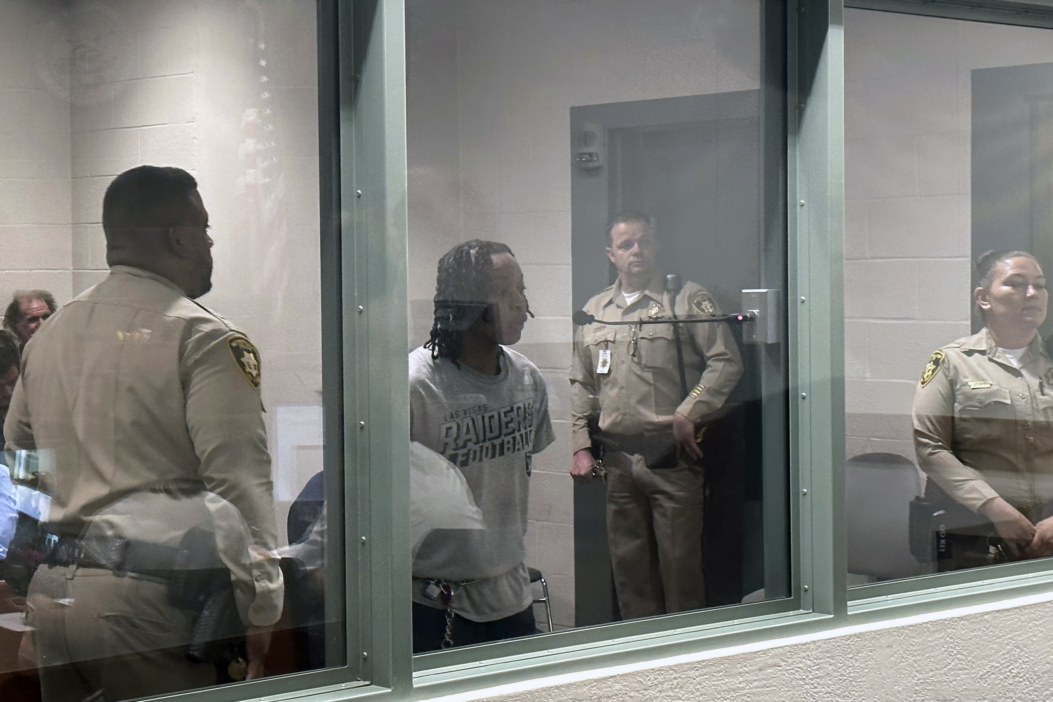 Las Vegas Aces WNBA basketball player Riquna Williams makes an initial court appearance Wednesday, July 26, 2023, in Las Vegas Justice Court. Riquna Williams was freed from jail Wednesday without bail, a day after her arrest on felony domestic strangulation, battery and other charges alleging that she attacked a victim who authorities described as her spouse. 