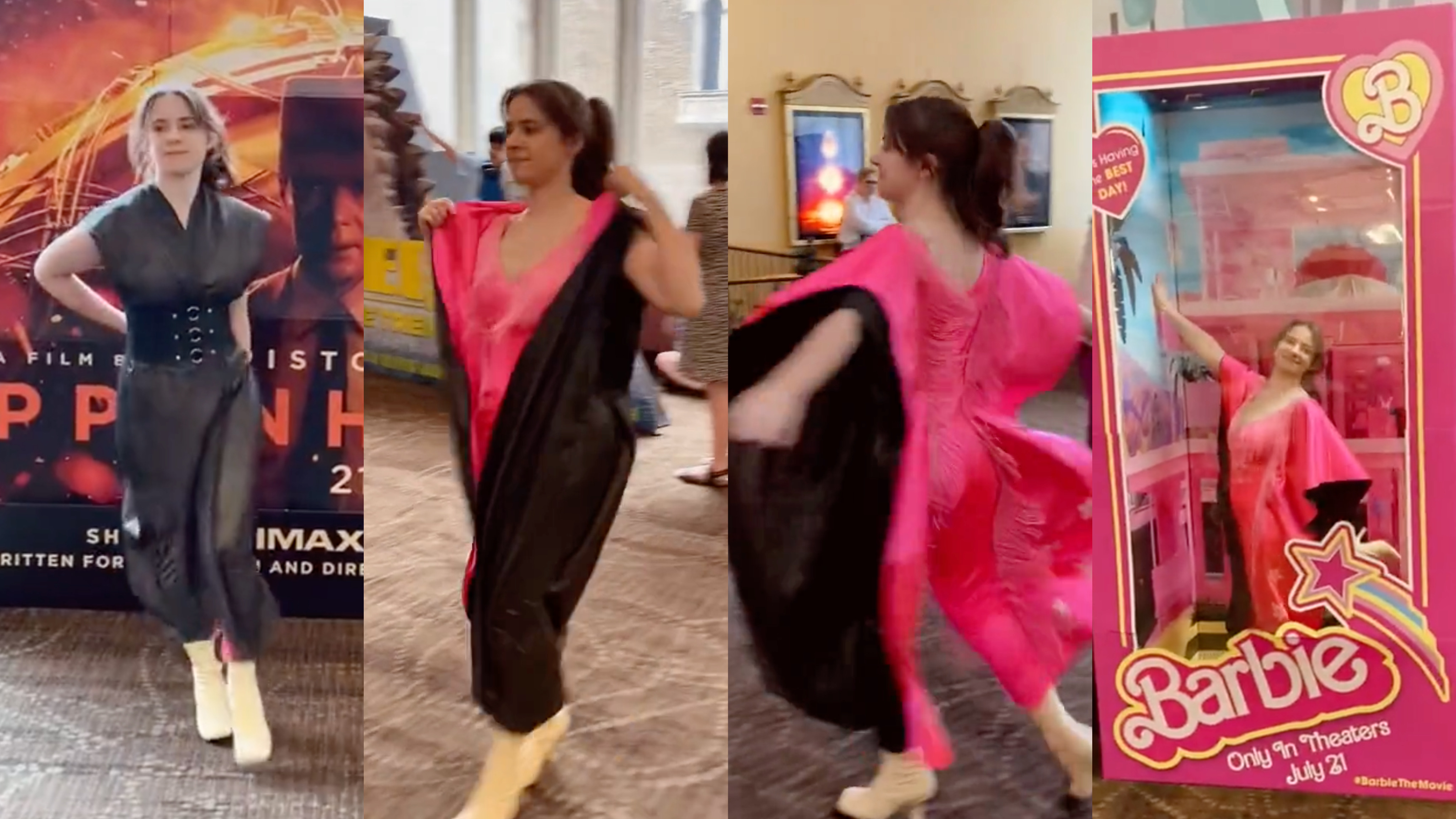 A Twitter user created the perfect “Barbenheimer” costume for the double-feature of “Barbie” and “Oppenheimer” — a black outfit that morphs into a hot pink jumpsuit.