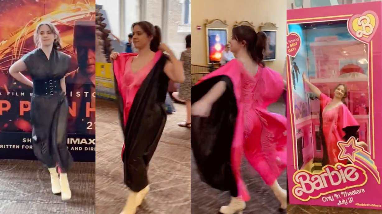 A Twitter user created the perfect “Barbenheimer” costume for the double-feature of “Barbie” and “Oppenheimer” — a black outfit that morphs into a hot pink jumpsuit.