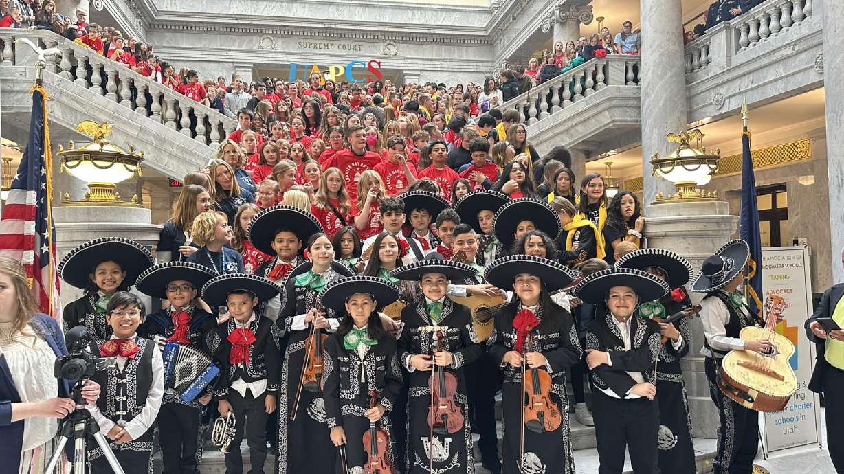 Students of Esperanza Elementary School pose for a photo at the state Capitol on Salt Lake City. The recently burglarized school is now well on its way to recouping $12,000 in losses thanks to an outpouring of support from the community.