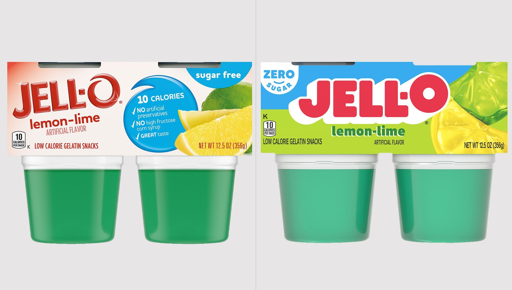 Jell-O's current look, on the left and new look, on the right.