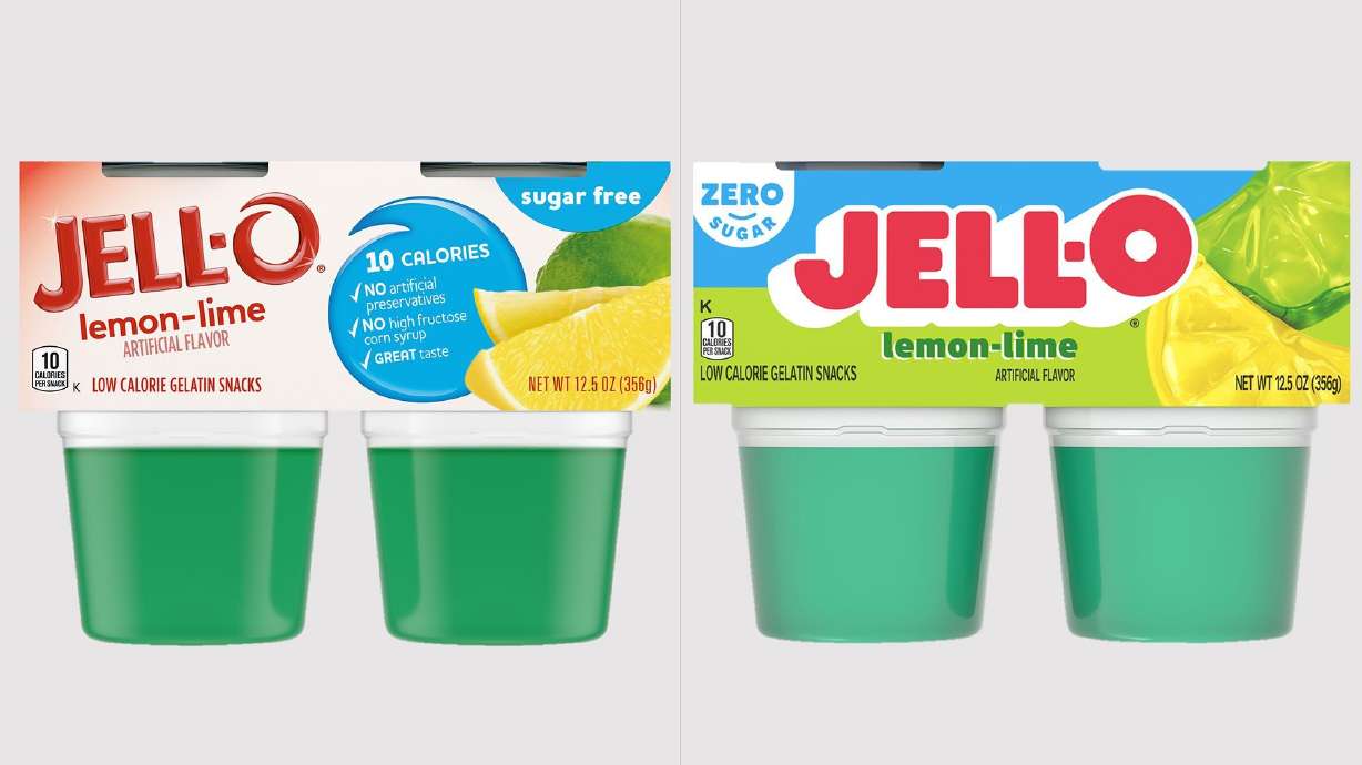 Jell-O's current look, on the left and new look, on the right.