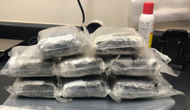 Eight packages of suspected fentanyl pills, weighing more than 10 pounds, are recovered by Washington Police on northbound Interstate 15 in Washington Sunday.
