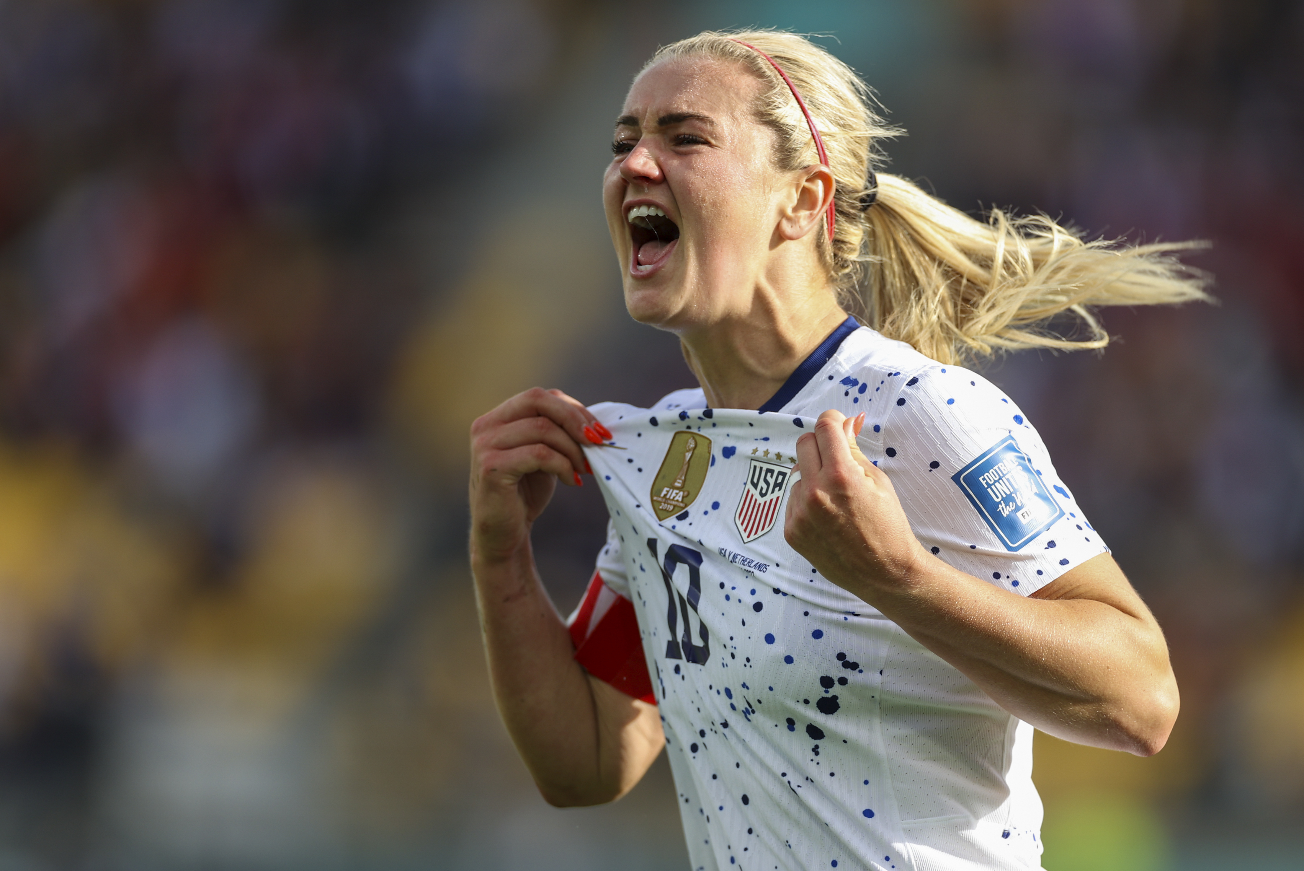 United States' Lindsey Horan celebrates her team's first US goal during the Women's World Cup Group E soccer match between the United States and the Netherlands in Wellington, New Zealand, Thursday, July 27, 2023. 