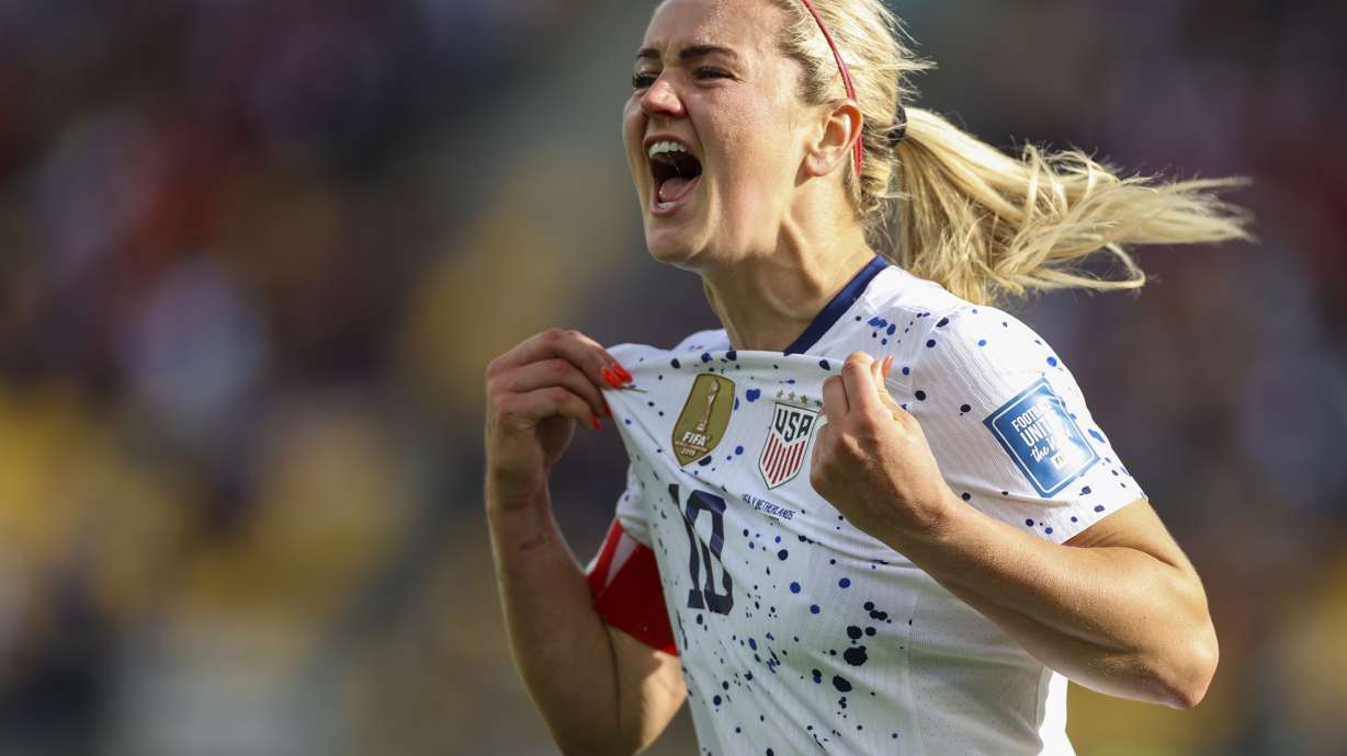 United States' Lindsey Horan celebrates her team's first US goal during the Women's World Cup Group E soccer match between the United States and the Netherlands in Wellington, New Zealand, Thursday, July 27, 2023.
