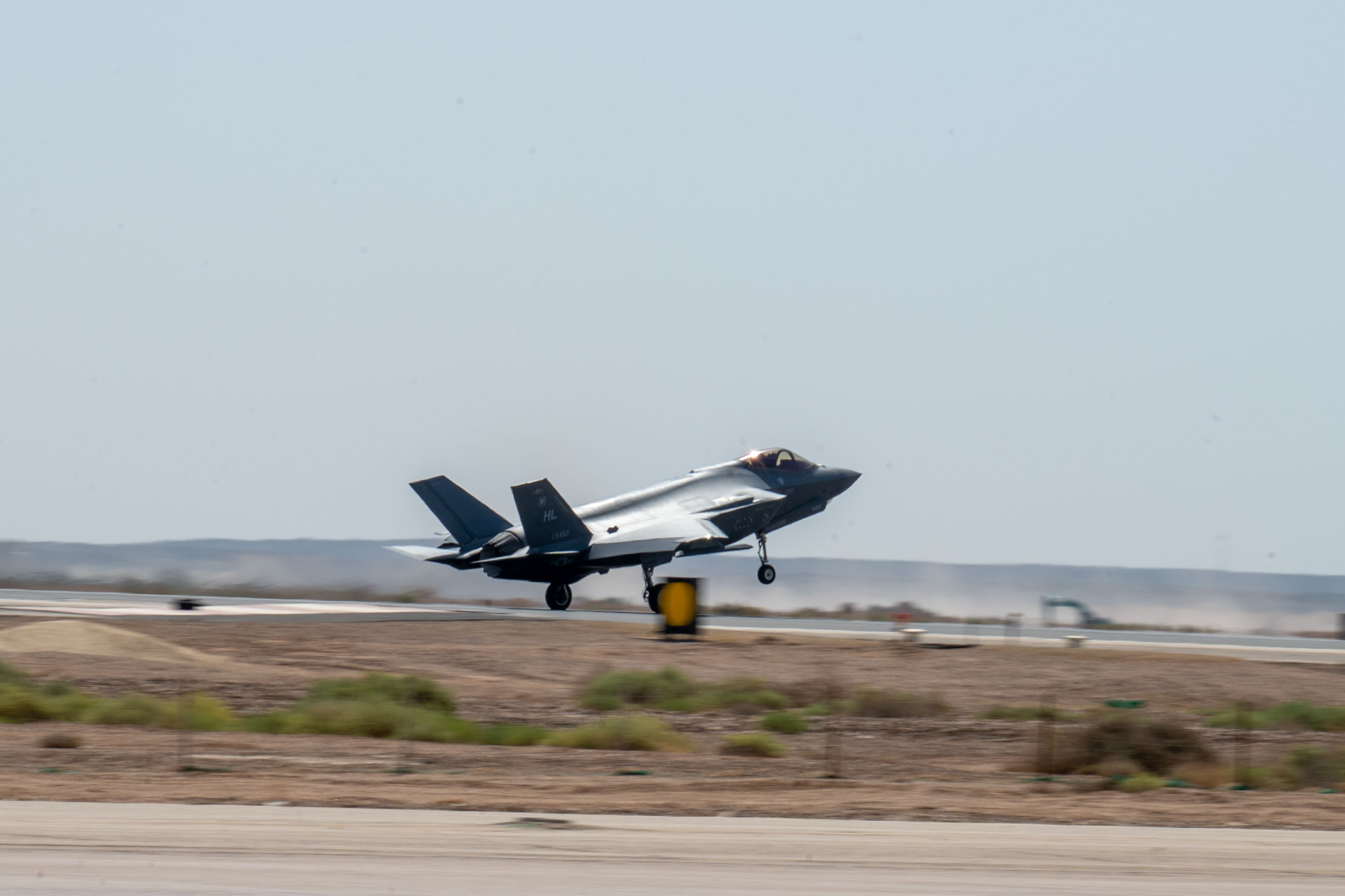 An F-35A Lightning II aircraft lands in the U.S. Central Command area of responsibility on Tuesday. A squadron of the units and hundreds of airmen from Hill Air Force Base were deployed to the Middle East. 