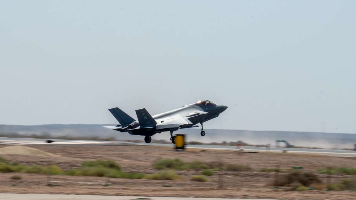 An F-35A Lightning II aircraft lands in the U.S. Central Command area of responsibility on Tuesday. A squadron of the units and hundreds of airmen from Hill Air Force Base were deployed to the Middle East.