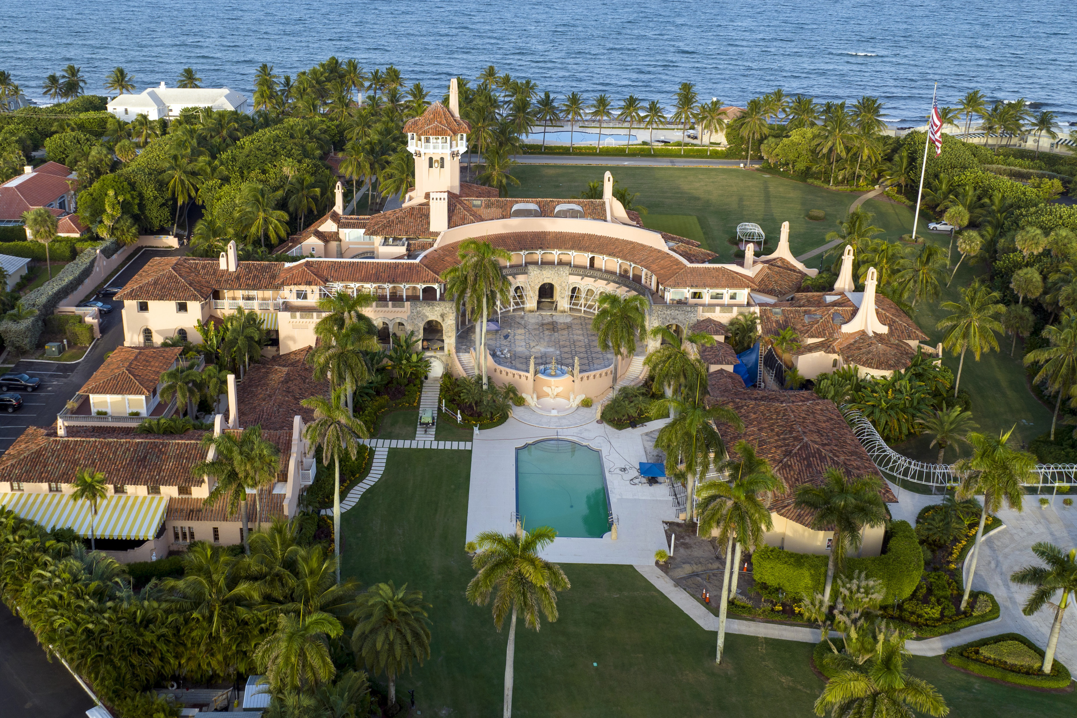 An aerial view of President Donald Trump's Mar-a-Lago estate is seen Aug. 10, 2022, in Palm Beach, Fla. A third defendant has been charged alongside former President Donald Trump and his valet in the classified documents case in Florida.