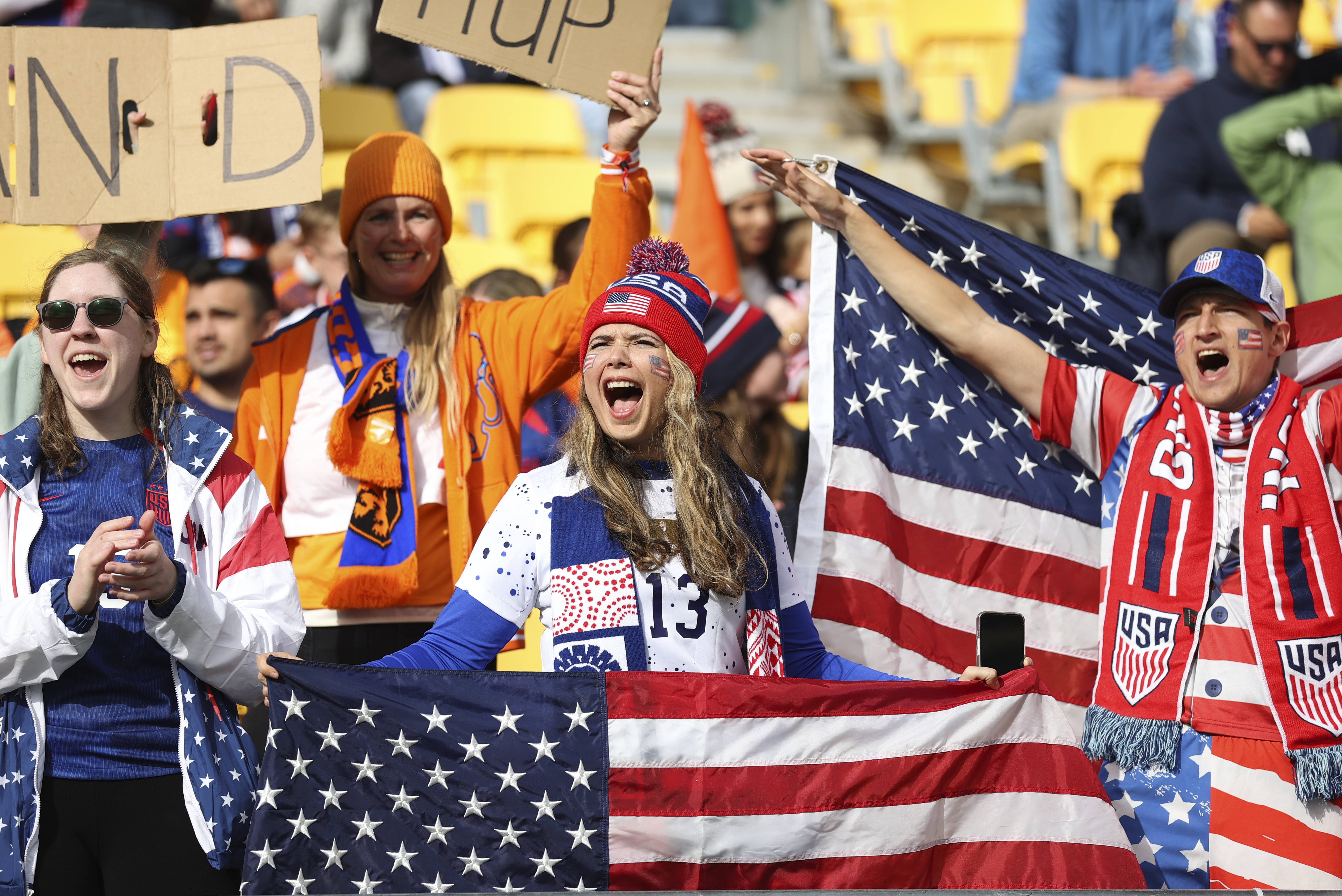 United States fans cheer during the Women's World Cup Group E soccer match between the United States and the Netherlands in Wellington, New Zealand, Thursday, July 27, 2023. 