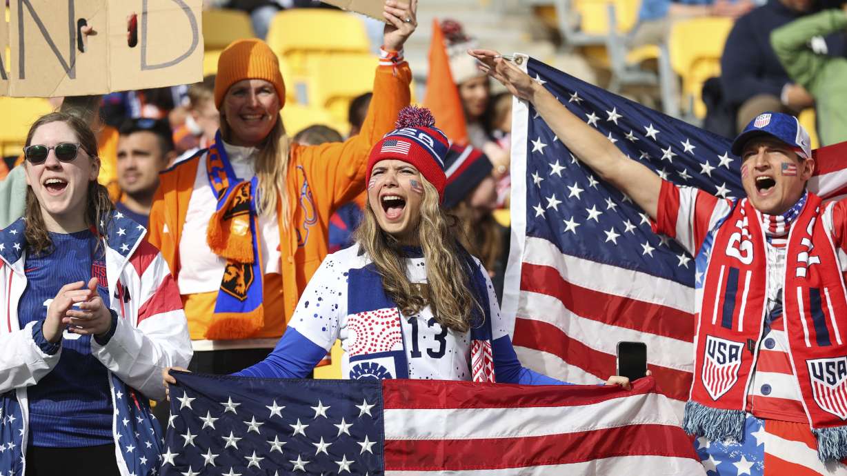 United States fans cheer during the Women's World Cup Group E soccer match between the United States and the Netherlands in Wellington, New Zealand, Thursday, July 27, 2023.