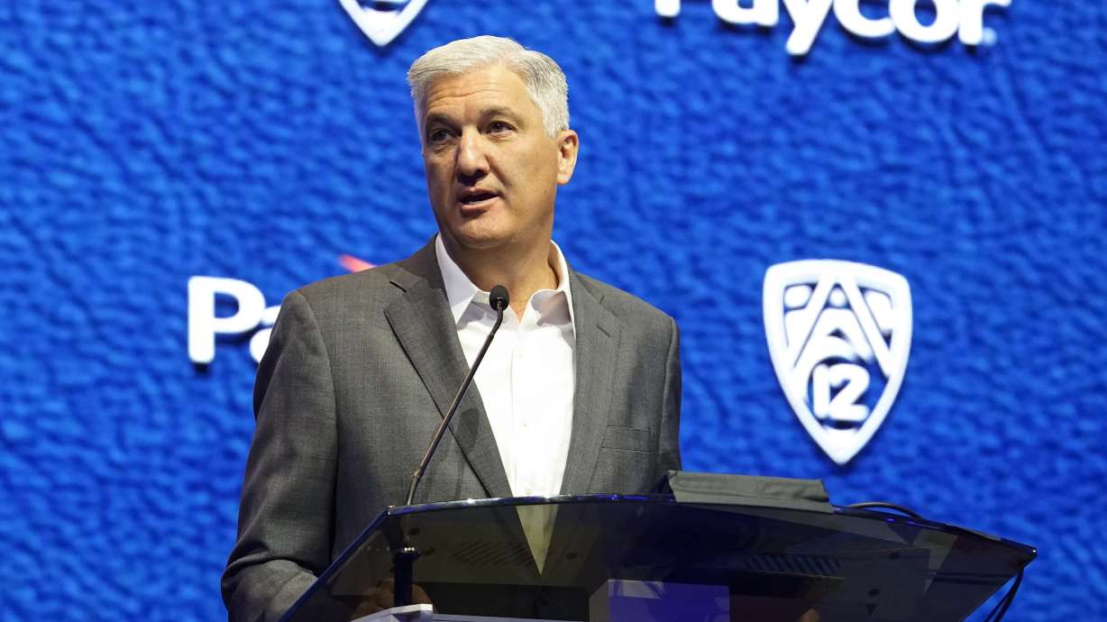 Pac-12 commissioner George Kliavkoff speaks at the NCAA college football Pac-12 media day Friday, July 21, 2023, in Las Vegas.