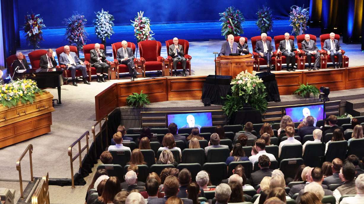 President Russell M. Nelson of The Church of Jesus Christ of Latter-day Saints speaks at Sister Patricia Holland’s funeral at the Conference Center Theater in Salt Lake City on Friday.