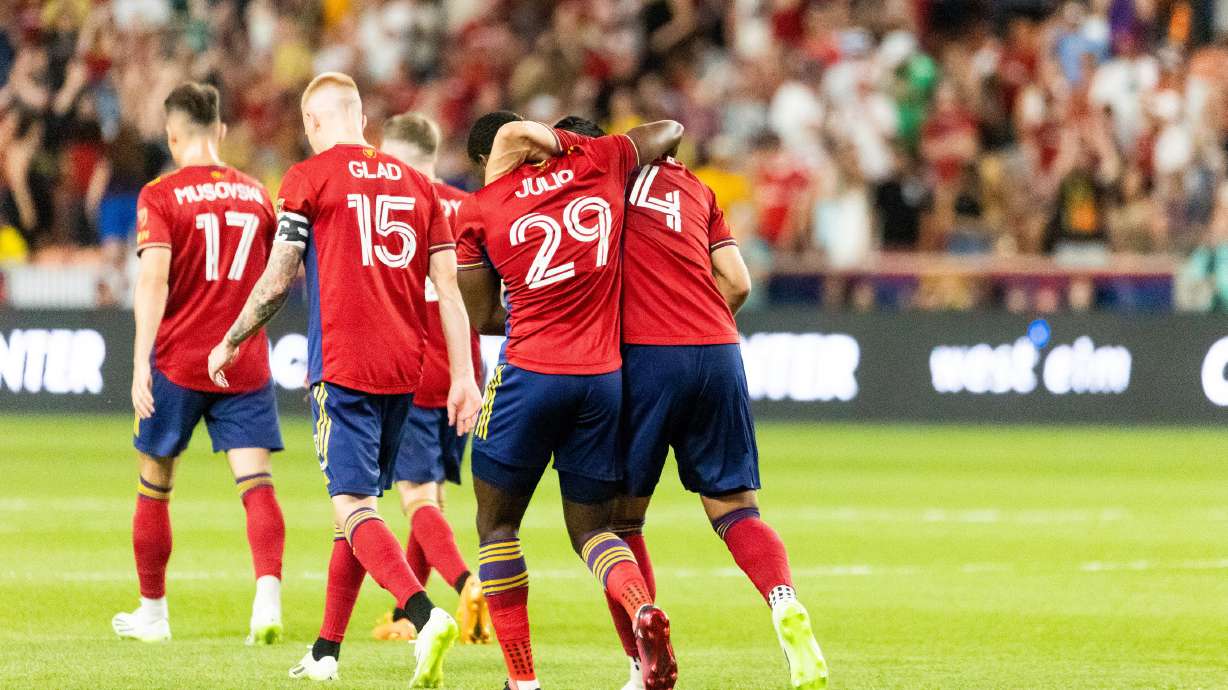 Anderson Julio and his teammates celebrate after Julio’s goal for Real Salt Lake in the match against Orlando City at the America First Field in Sandy on Saturday, July 8, 2023. Julio’s goal was the fourth and final goal for RSL, bringing them to win the match 4-0.