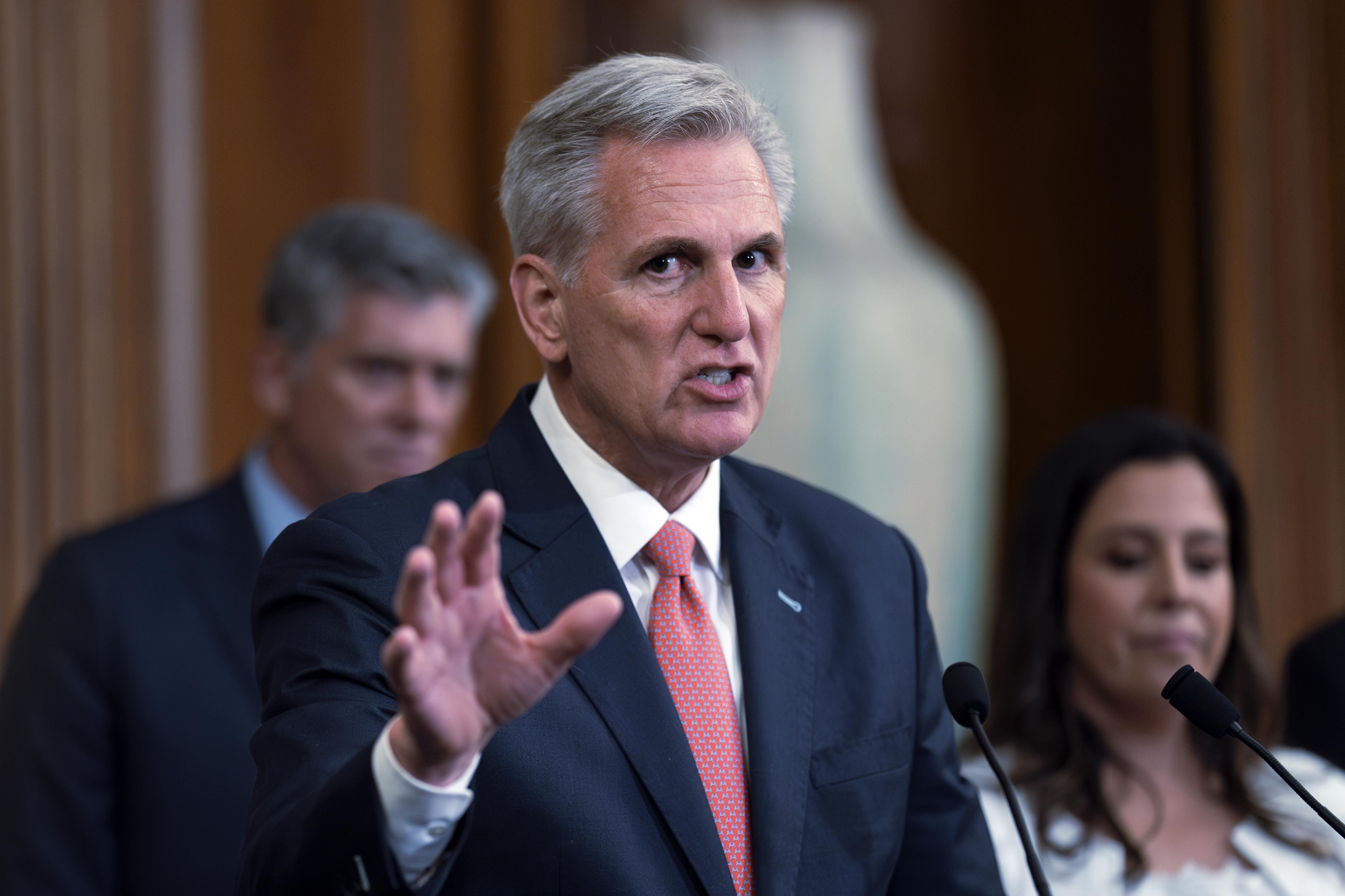 Speaker of the House Kevin McCarthy, R-Calif., speaks at a news conference as the House prepares to leave for its August recess, at the Capitol in Washington Thursday. 