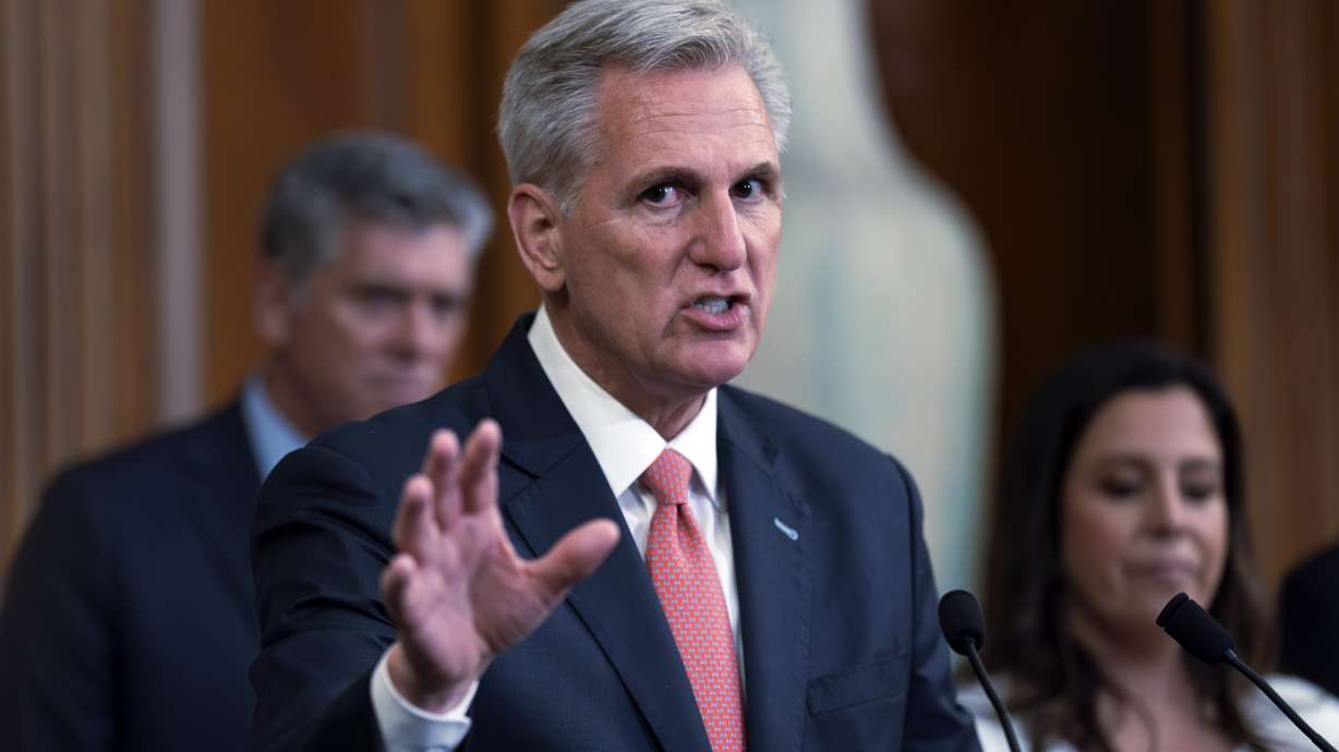 Speaker of the House Kevin McCarthy, R-Calif., speaks at a news conference as the House prepares to leave for its August recess, at the Capitol in Washington Thursday.