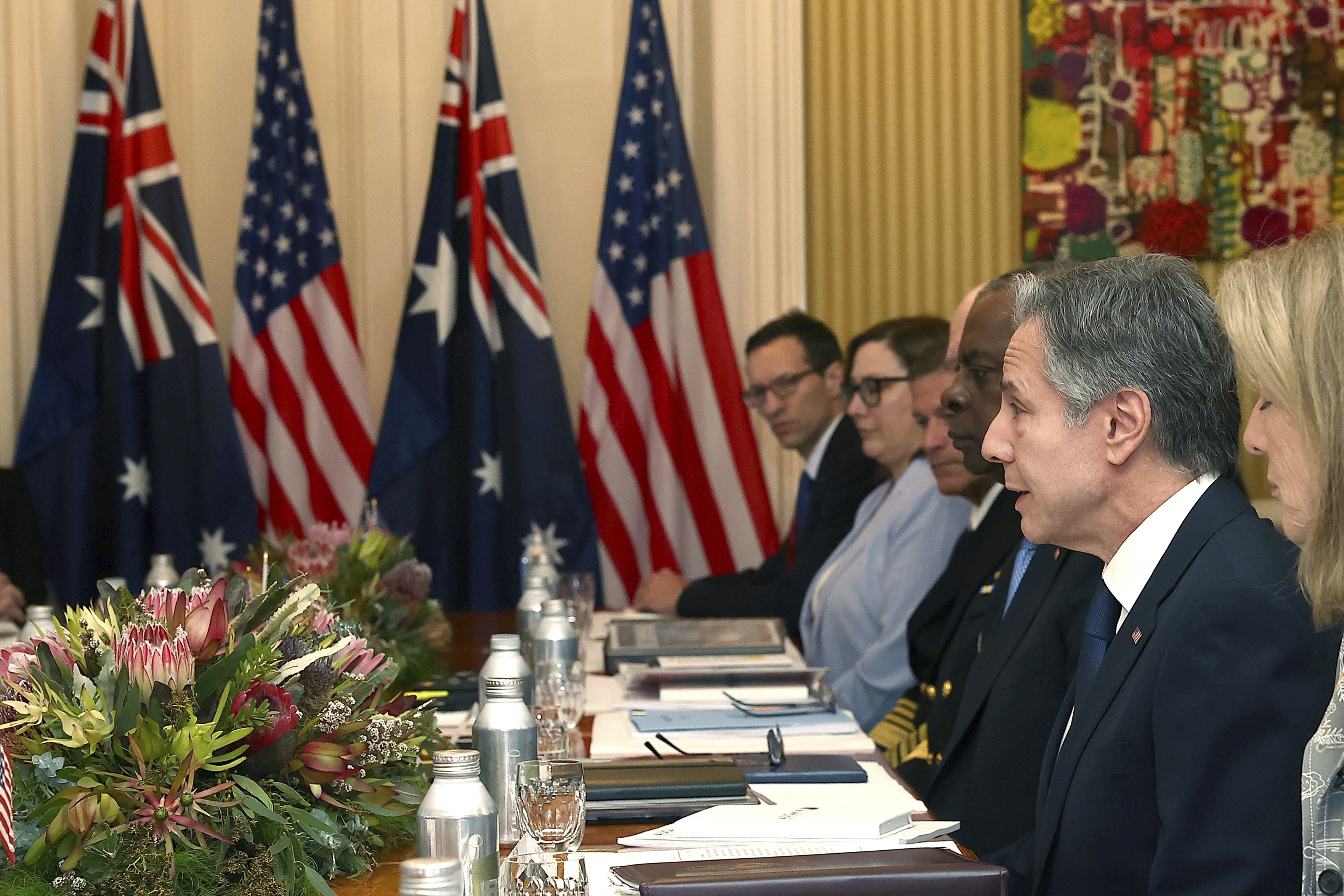 U.S. Secretary of State Antony Blinken talks to Australian Minister of Defense Richard Marles and Australian Foreign Minister Penny Wong during Session I at Queensland Government House in Brisbane, Australia, Saturday. 