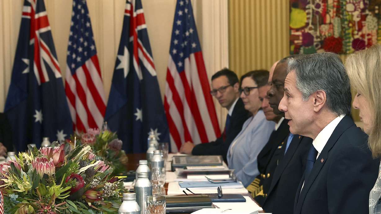 U.S. Secretary of State Antony Blinken talks to Australian Minister of Defense Richard Marles and Australian Foreign Minister Penny Wong during Session I at Queensland Government House in Brisbane, Australia, Saturday.