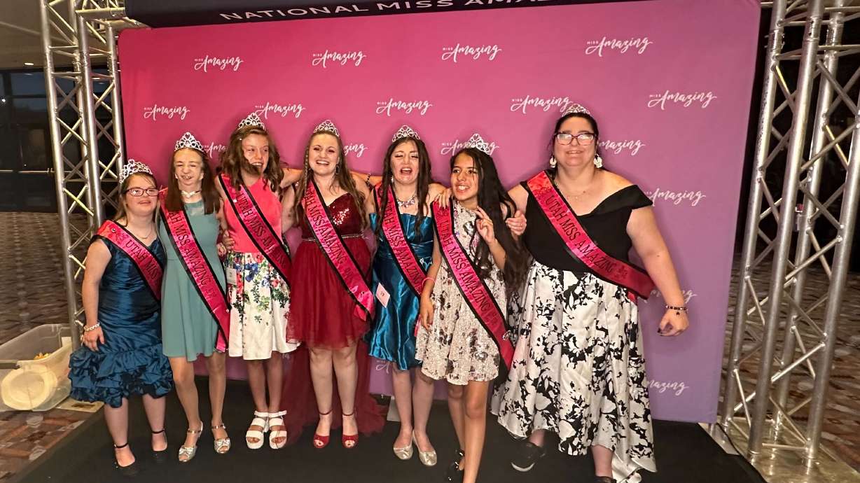 Utah Miss Amazing's Queens 2023 — Peyton Smith, Katy Christensen, Miranda Clegg, Sara Wood, Richelle Gough and Taisha Robinson — pose for a photo at the National Miss Amazing pageant in Chicago.