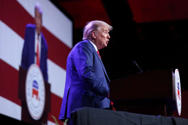 Former U.S. President and Republican presidential candidate Donald Trump speaks at the Republican Party of Iowa's Lincoln Day Dinner in Des Moines, Iowa, U.S., July 28, 2023.