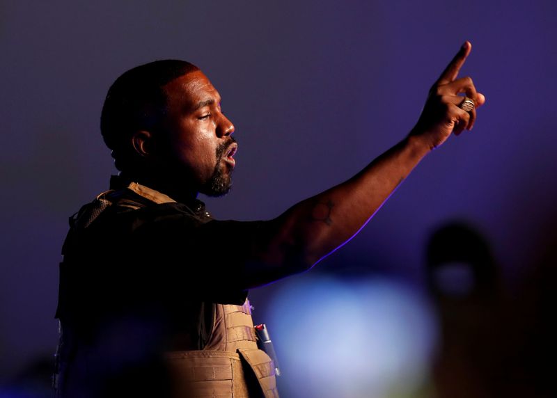 Rapper Ye makes a point as he holds his first rally in support of his presidential bid in North Charleston, SC, U.S. July 19, 2020. Social media platform X, formerly known as Twitter, reinstated the account of Ye, the artist formerly known as Kanye West, on Saturday.