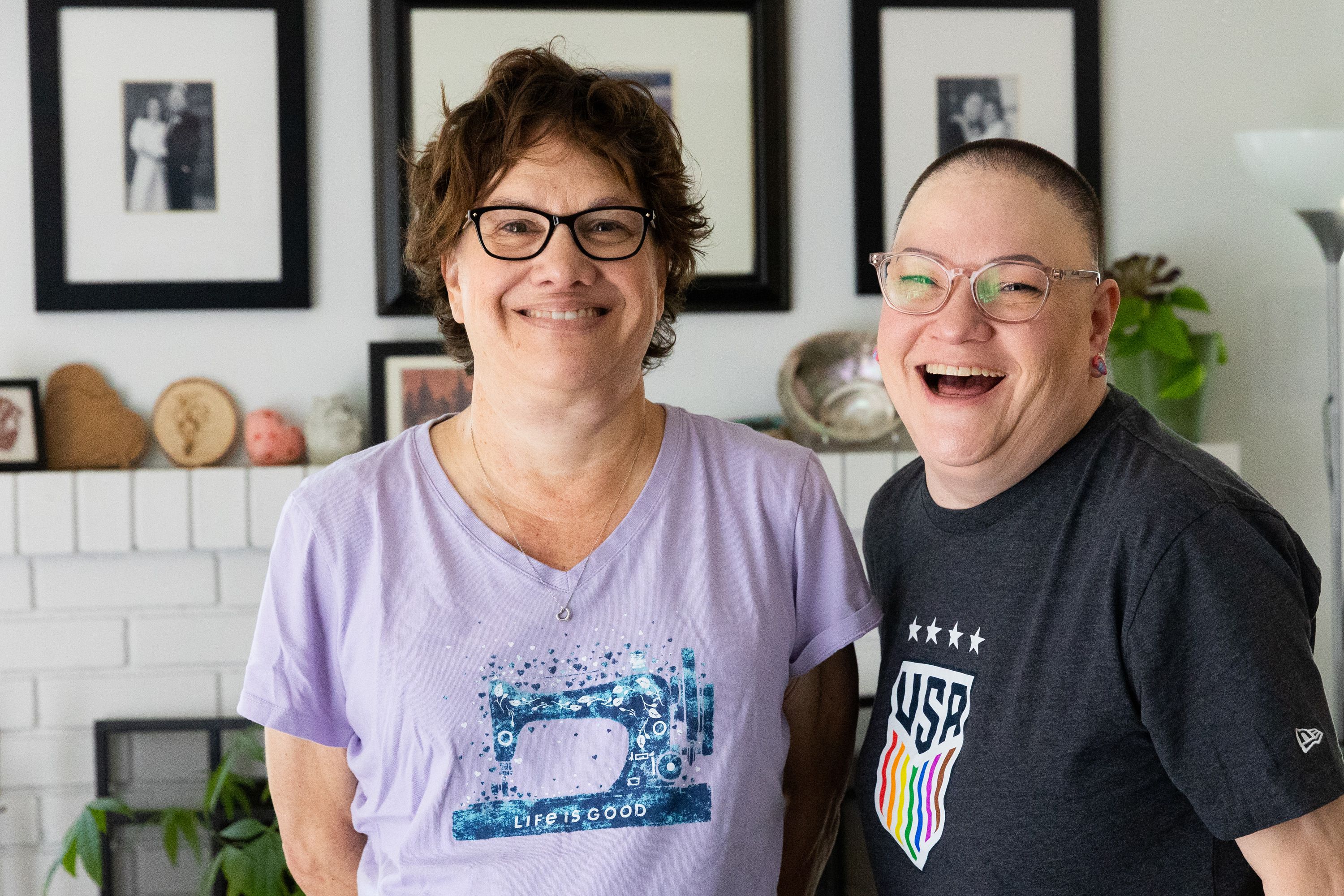 Left to right, sisters Cami Munk and Brooke Moffat, together called the “Stitching Sisters,” work on projects at Munk’s home in Murray on Saturday, July 22, 2023.