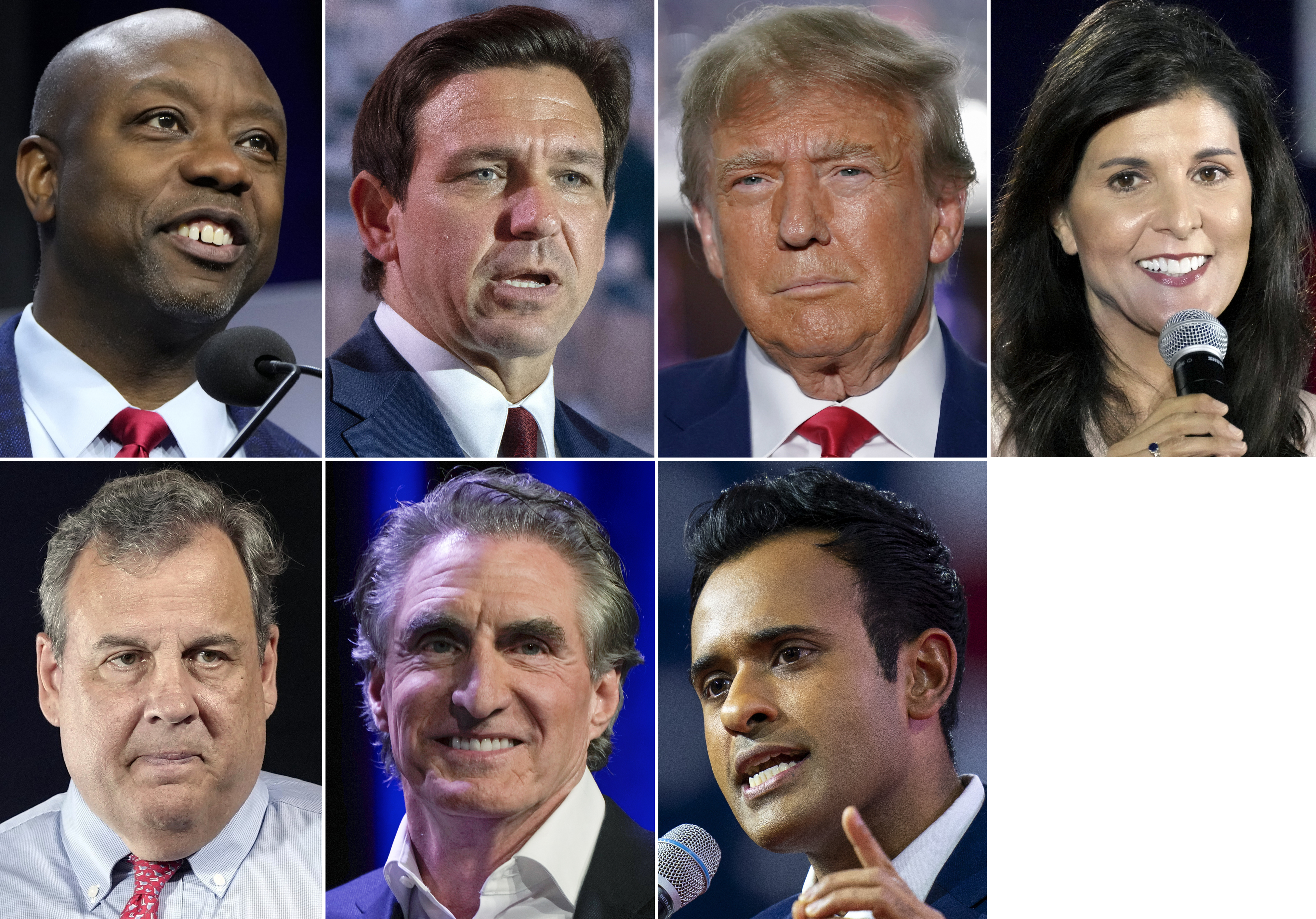 This combination of photos shows Republican presidential candidates, top row from left, Sen. Tim Scott, R-S.C., Florida Gov. Ron DeSantis, former president Donald Trump, and former South Carolina Gov. Nikki Haley, and bottom row from left, former New Jersey Gov. Chris Christie, North Dakota Gov. Doug Burgum and Vivek Ramaswamy. With less than a month to go until the first 2024 Republican presidential debate, seven candidates say they have met the qualifications for a podium slot. But that also means that about half of the broad GOP field is running short on time to make the stage.