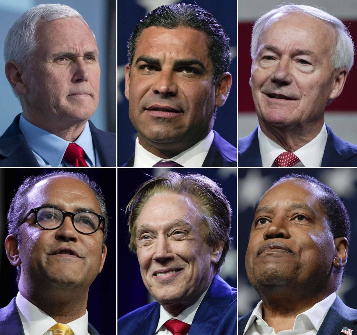 This combination of photos shows Republican presidential candidates, top row from left, former Vice President Mike Pence, Miami Mayor Francis Suarez, and former Arkansas Gov. Asa Hutchinson, and bottom row from left, former Texas Rep. Will Hurd, Perry Johnson and Larry Elder.