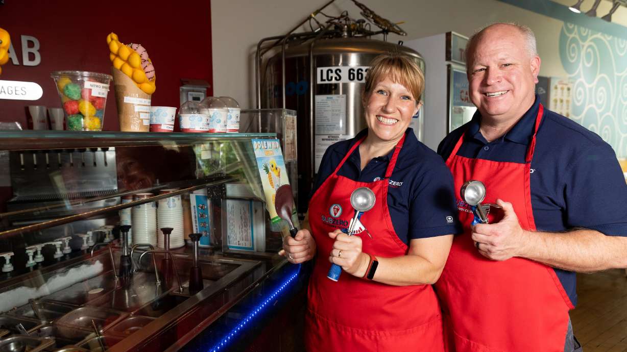 Naomi and Jerry Hancock, founders of Sub Zero Nitrogen Ice Cream, pose in their Provo location on July 10.