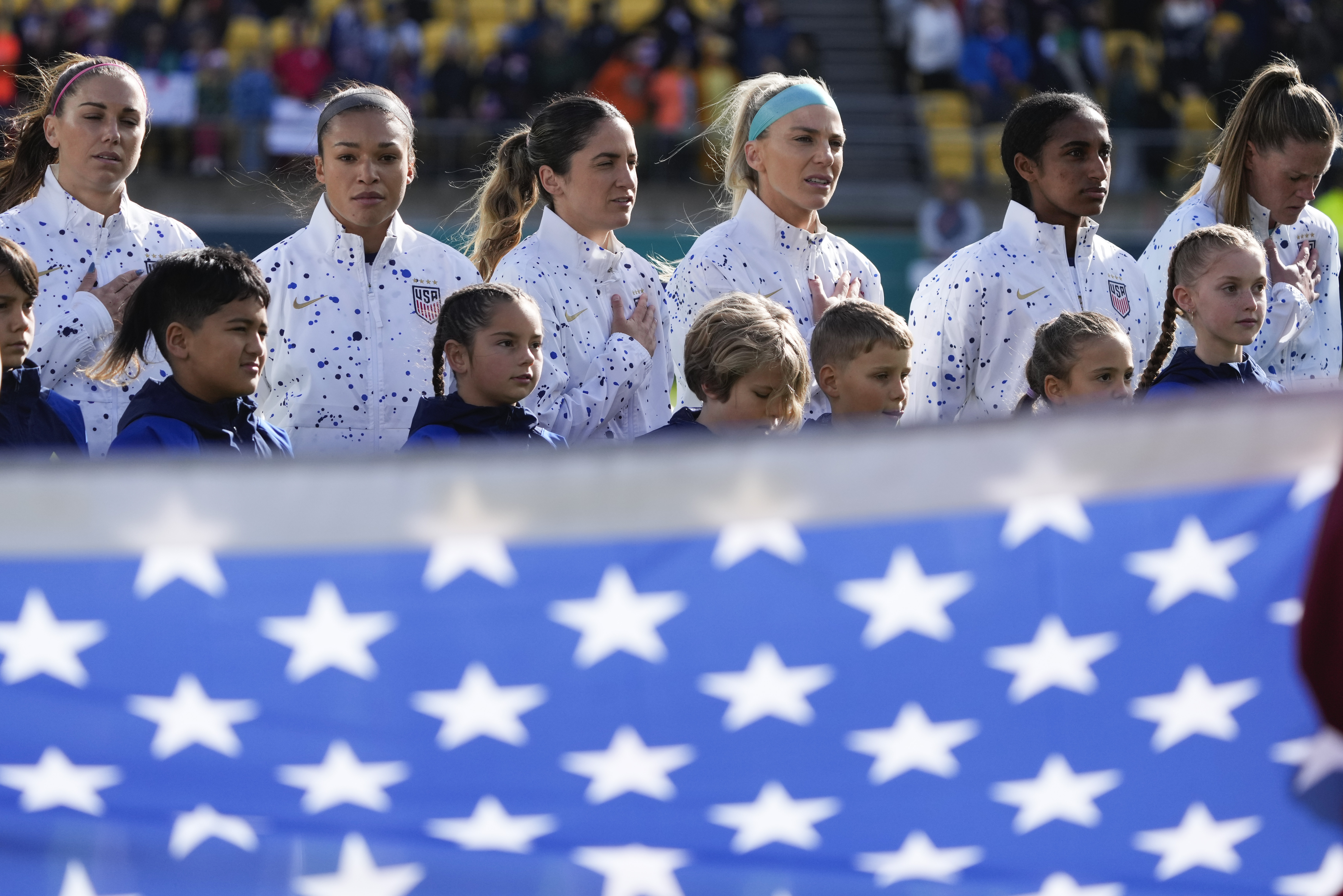 U.S. team sing their national anthem ahead of play in the Women's World Cup Group E soccer match between the United States and the Netherlands in Wellington, New Zealand, Thursday, July 27, 2023. 