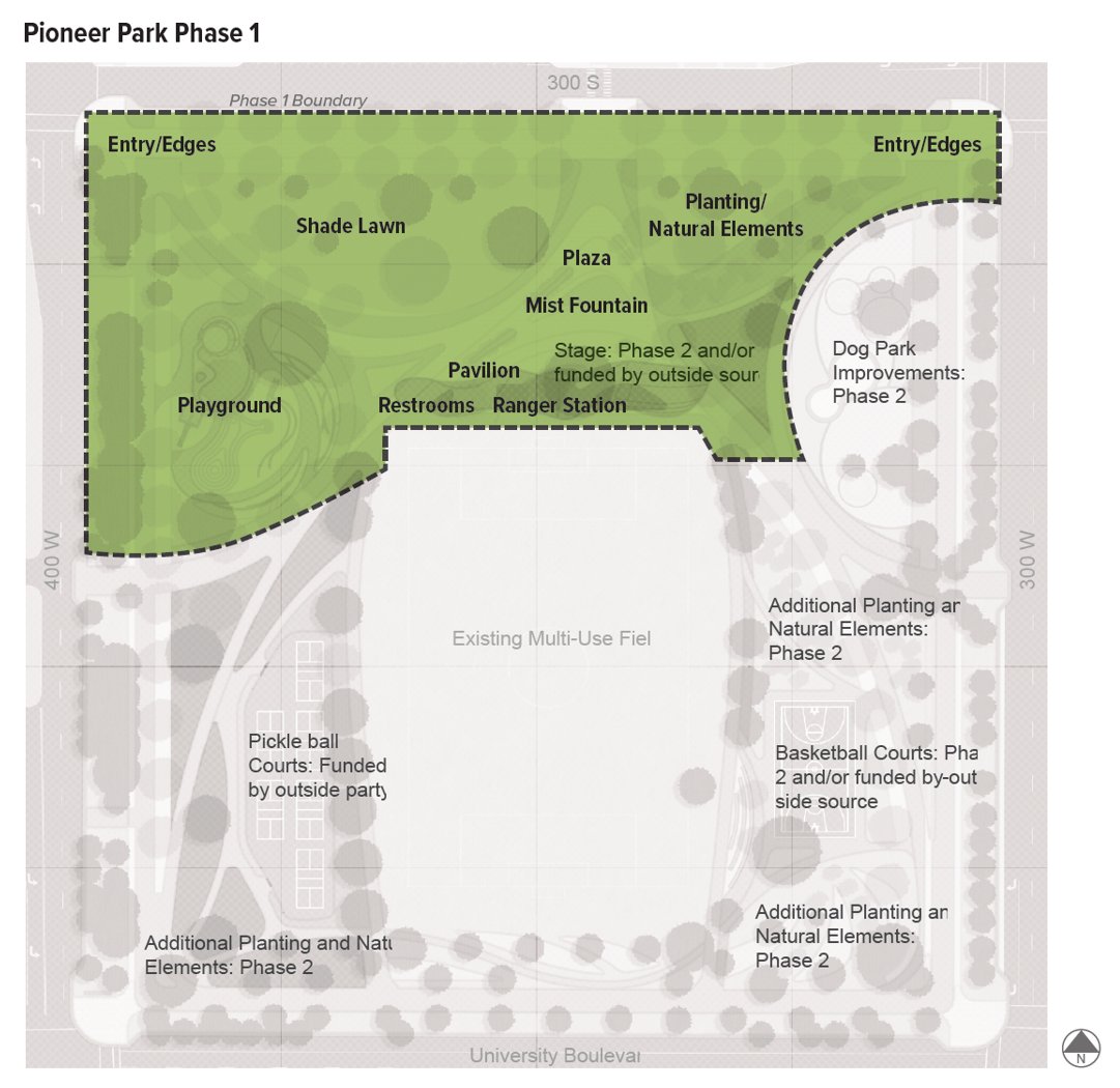 This map shows the Phase I area of Salt Lake City's Pioneer Park improvement project. Construction is expected to begin next year in the areas highlighted in green.