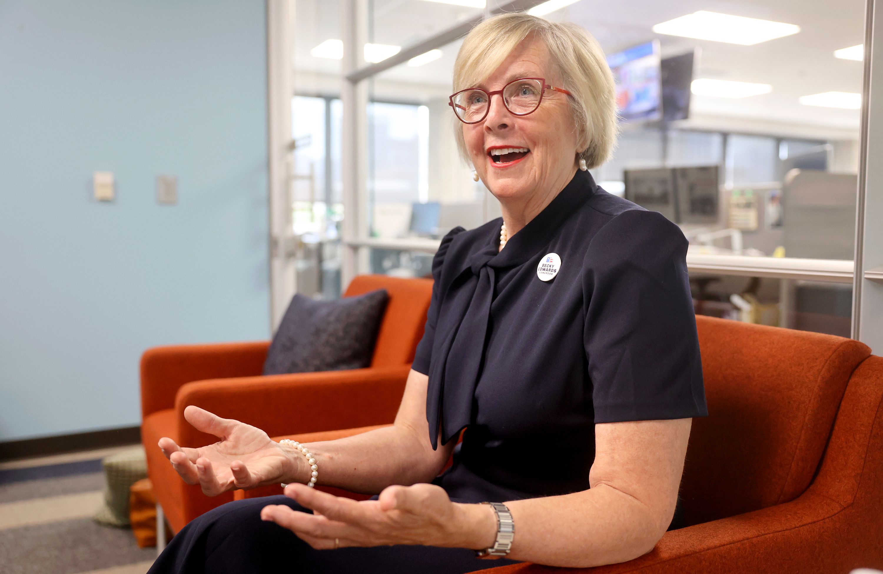 Becky Edwards answers interview questions at the Deseret News office in Salt Lake City on July 26. Edwards is a Republican primary candidate for the 2nd Congressional District seat being vacated by Rep. Chris Stewart.