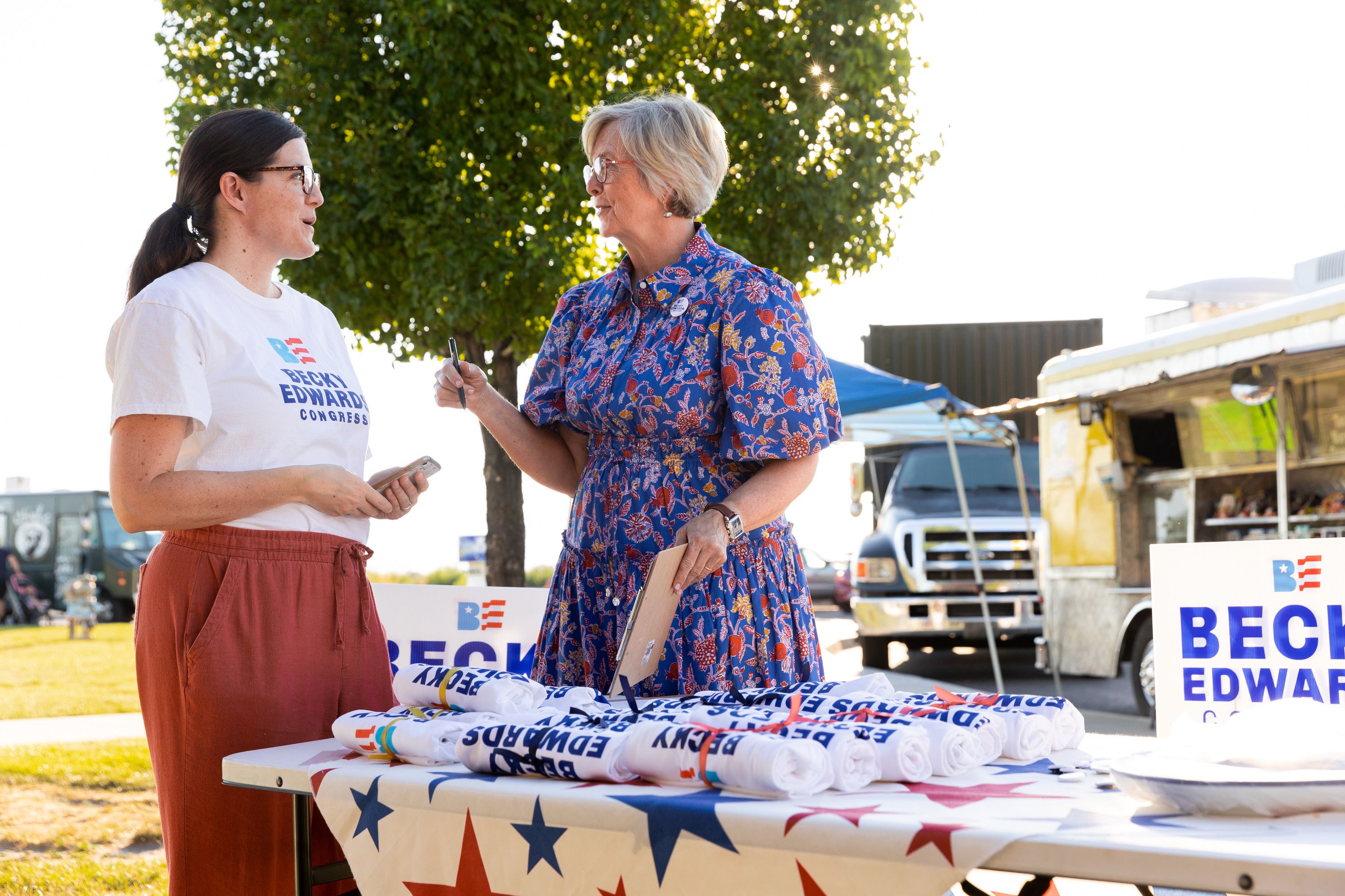 Becky Edwards talks with Stansbury Park resident Amy Stewart at an informal meet-and-greet at Porter Way Park in Stansbury Park on July 20. Edwards is one of the candidates running for the congressional seat being vacated by Rep. Chris Stewart.