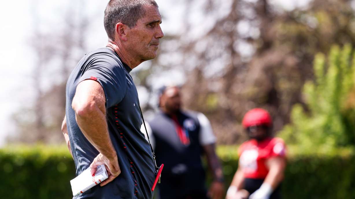 Utah offensive coordinator Andy Ludwig watches on during Day 1 of the Utes' fall camp in Salt Lake City on July 31, 2023.