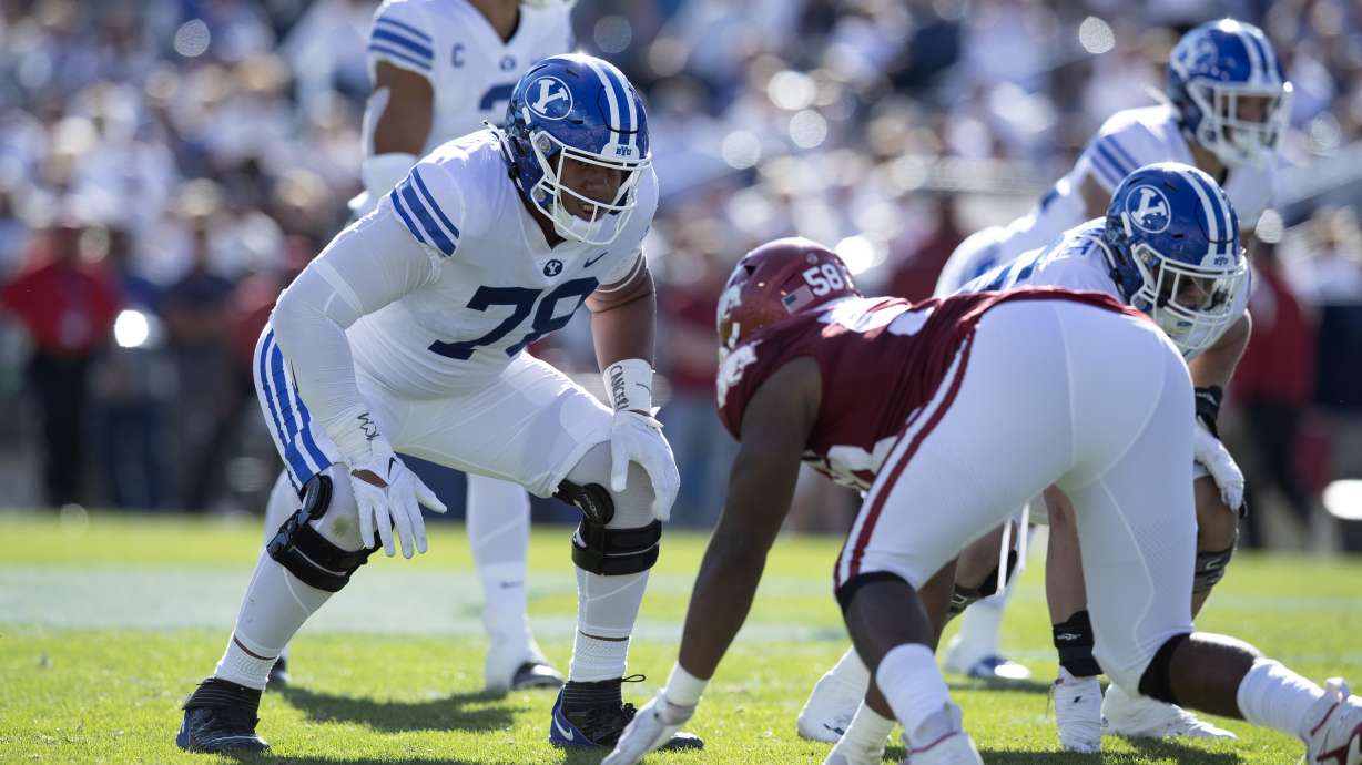 BYU offensive tackle Kingsley Suamataia lines up against Arkansas, Oct. 15, 2022 at LaVell Edwards Stadium in Provo.