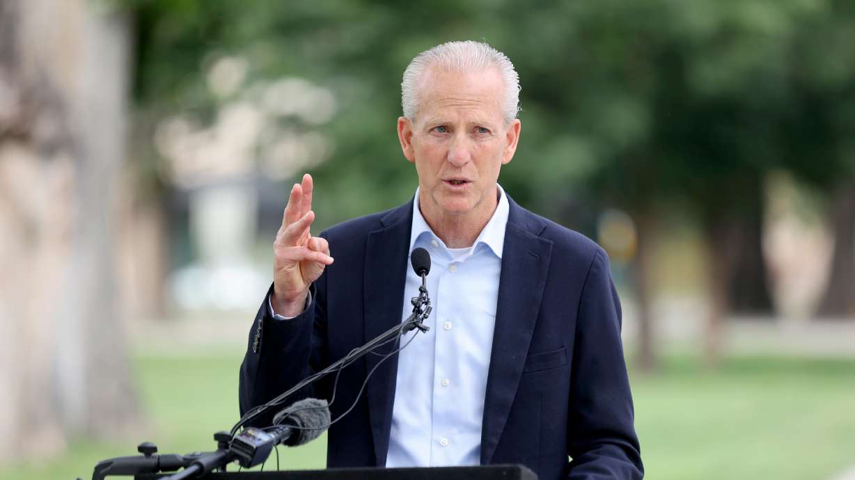 Wayne Niederhauser, state homeless coordinator, talks about the plan for overflow homeless shelters for this upcoming winter during a press conference in Pioneer Park in Salt Lake City on Tuesday.
