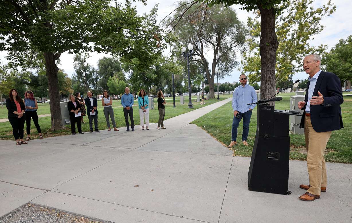 Wayne Niederhauser, state homeless coordinator, talks about the plan for overflow homeless shelters for this upcoming winter during a press conference in Pioneer Park in Salt Lake City on Tuesday.