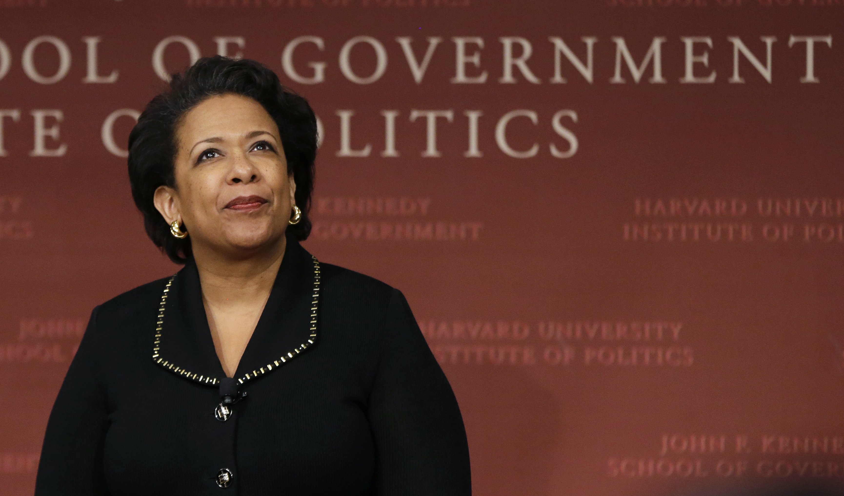 FILE - Former U.S. Attorney General Loretta Lynch looks at the audience during a conference at Harvard University's Kennedy School of Government, Friday, April 7, 2017, in Cambridge, Mass. Northwestern has hired former U.S. Attorney General Attorney General Loretta Lynch to lead an investigation into the culture of its athletic department and its anti-hazing procedures following allegations of abusive behavior and racism within the football program and other teams. 