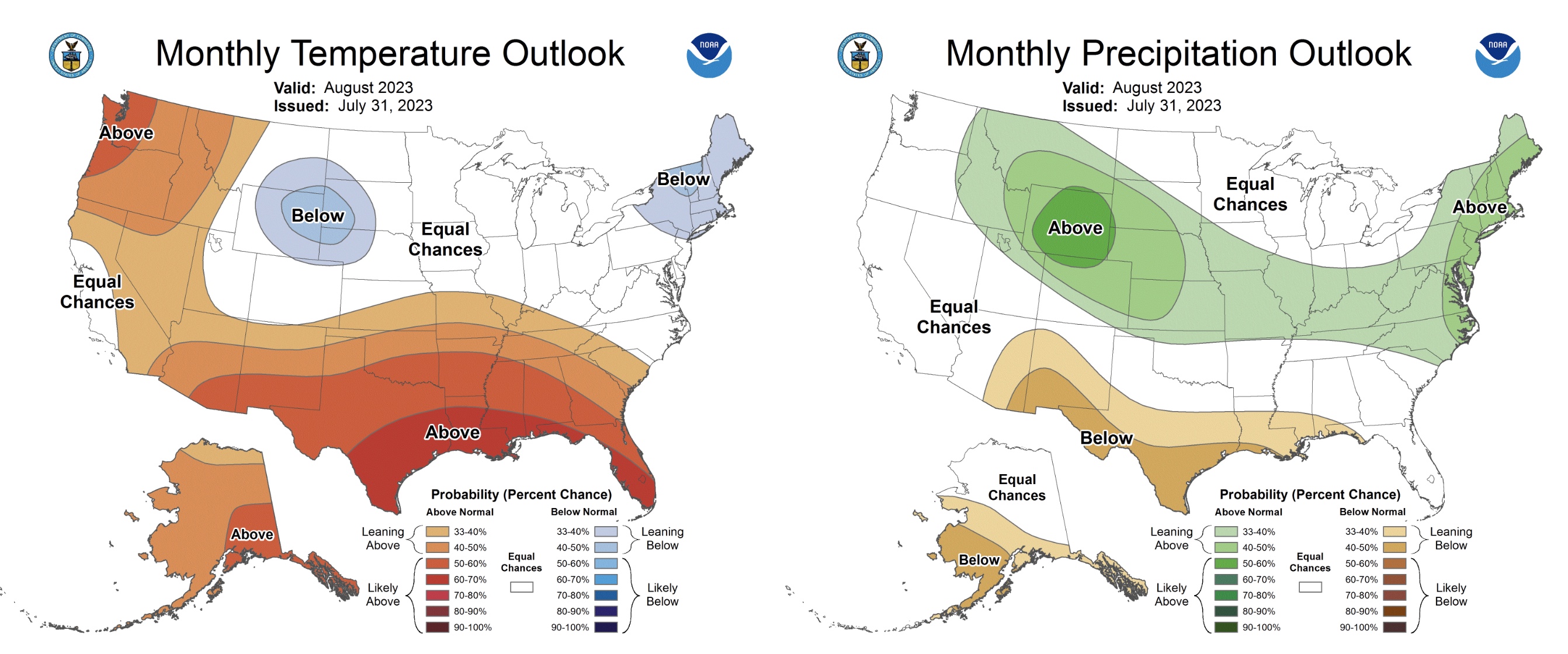 These maps show the long-range temperature (left) and precipitation (right) probabilities in the U.S. this August.