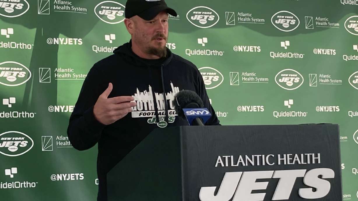 New York Jets offensive coordinator Nathaniel Hackett speaks to reporters at the team's NFL football practice facility in Florham Park, N.J., Tuesday, Aug. 1, 2023.