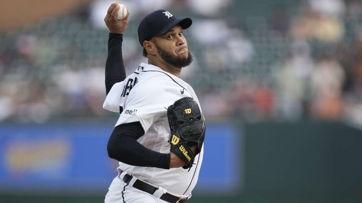 Detroit Tigers starting pitcher Eduardo Rodriguez throws during the second inning of a baseball game against the Los Angeles Angels, Tuesday, July 25, 2023, in Detroit.