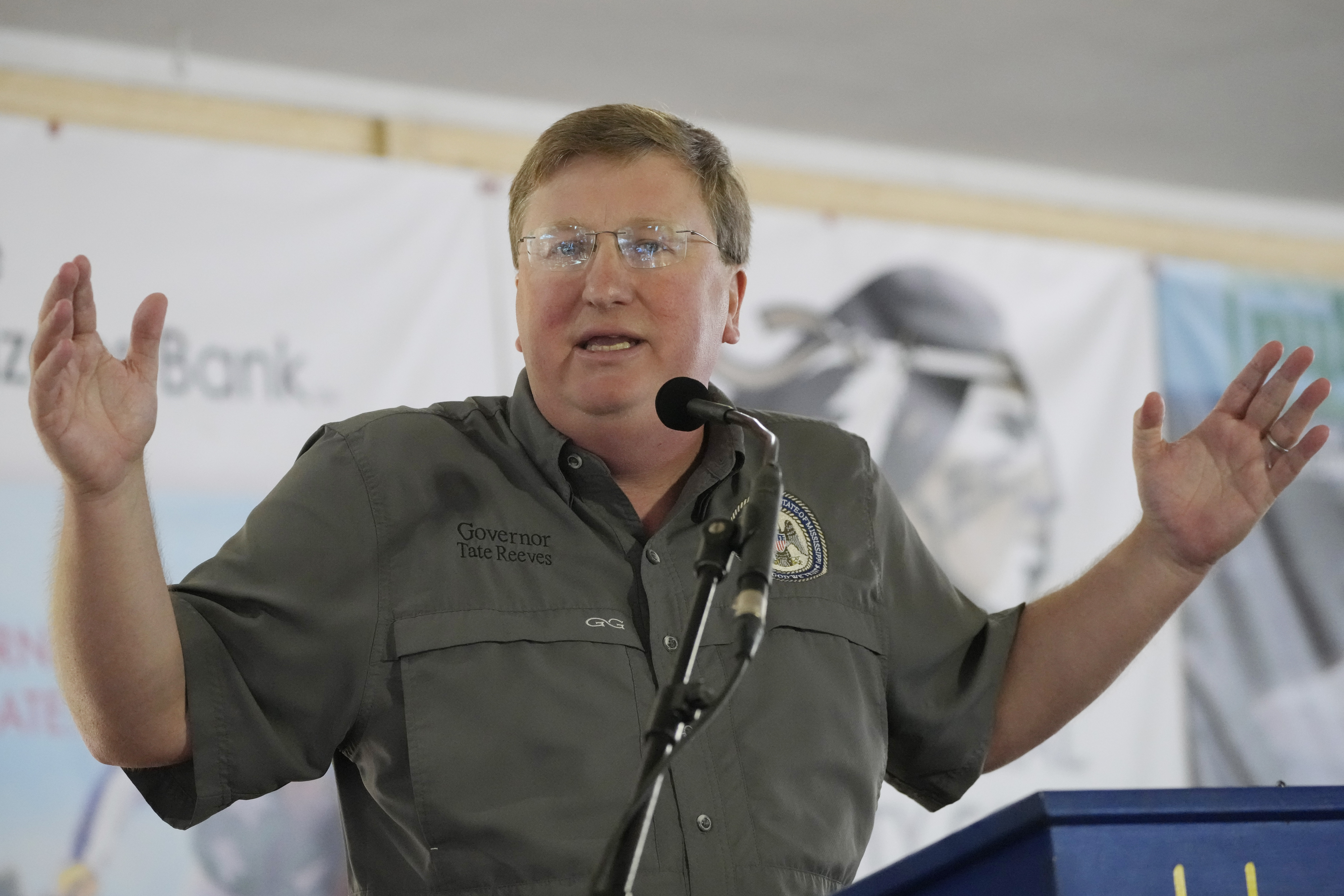 Mississippi Republican Gov. Tate Reeves addresses the crowd at the Neshoba County Fair in Philadelphia, Miss., Thursday, July 27, 2023. Reeves faces two opponents in the party primary Aug. 8, as he seeks reelection. 