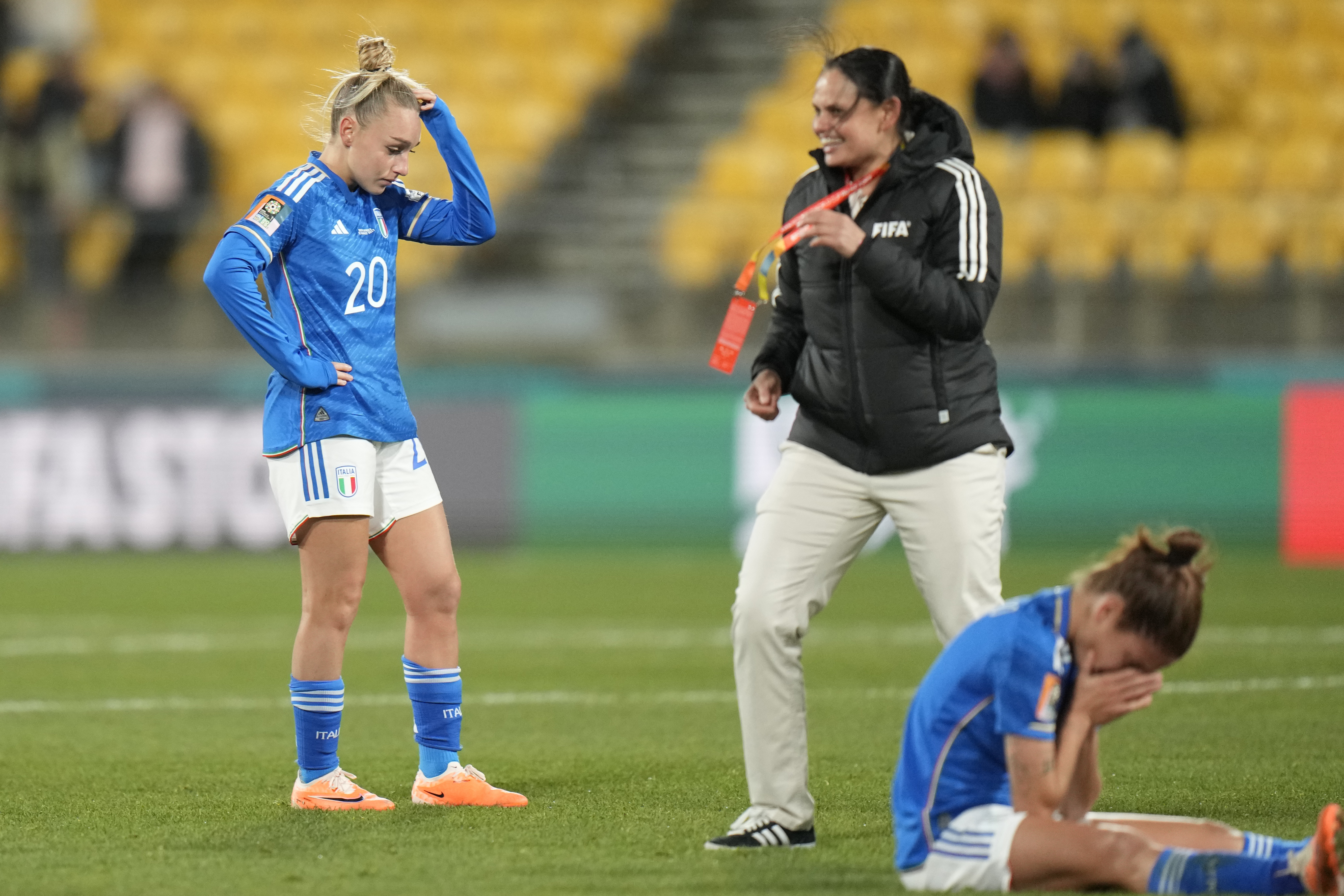 Italy's Giada Greggi reacts after loosing the Women's World Cup Group G soccer match against South Africa in Wellington, New Zealand, Wednesday, Aug. 2, 2023. 