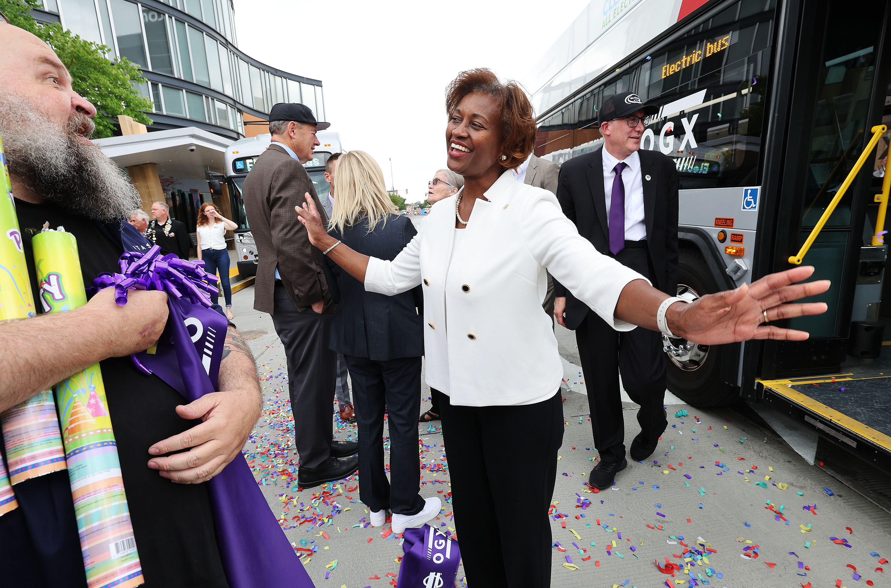 Federal Transit Administration Administrator Nuria Fernandez attends the ribbon-cutting for the new Ogden Express in Ogden on Wednesday. The ribbon-cutting for OGX marks the end of more than 20 years of planning and two years of construction in downtown Ogden.