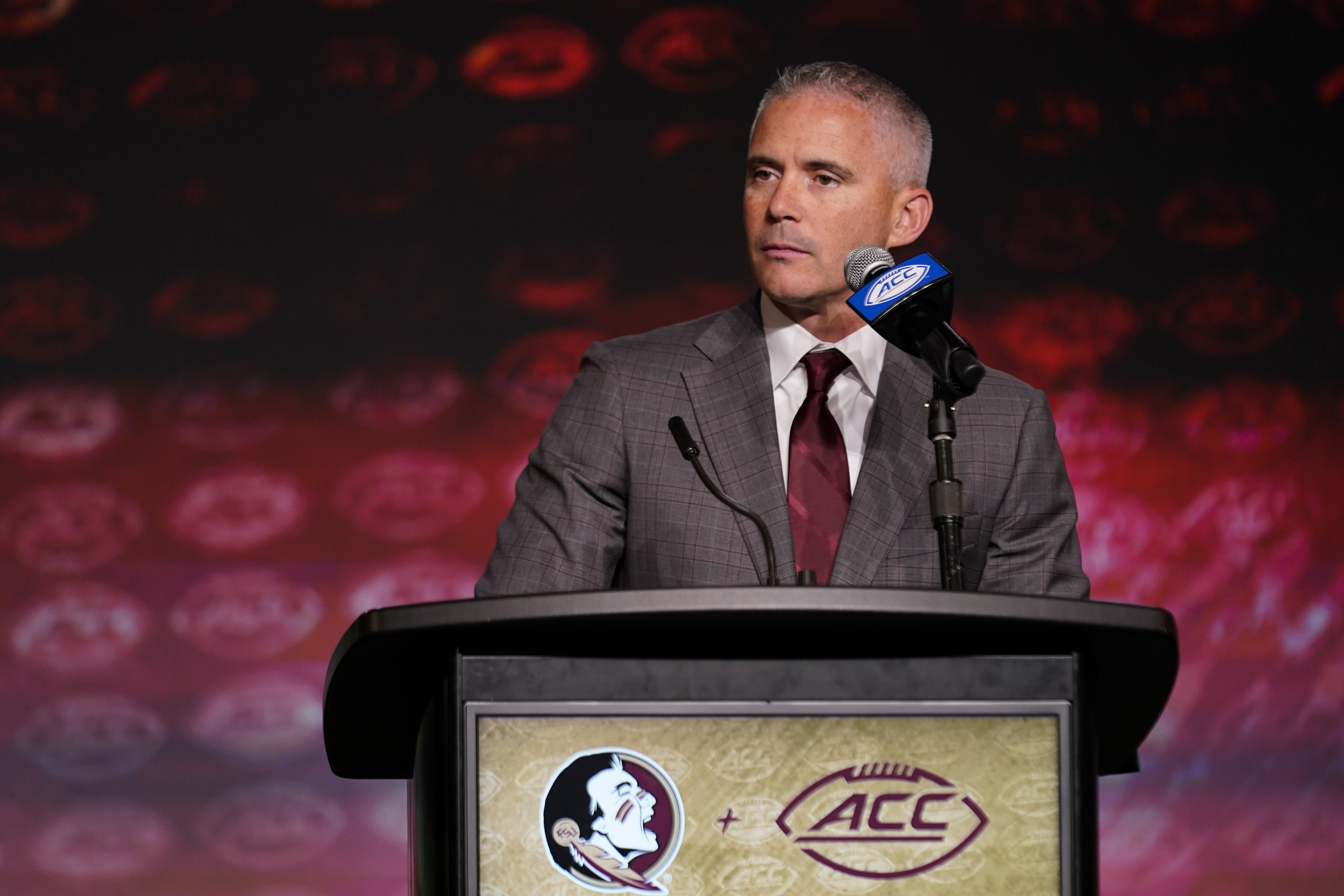 Florida State head coach Mike Norvell participates during the Atlantic Coast Conference NCAA college football media days Wednesday, July 26, 2023, in Charlotte, N.C. 