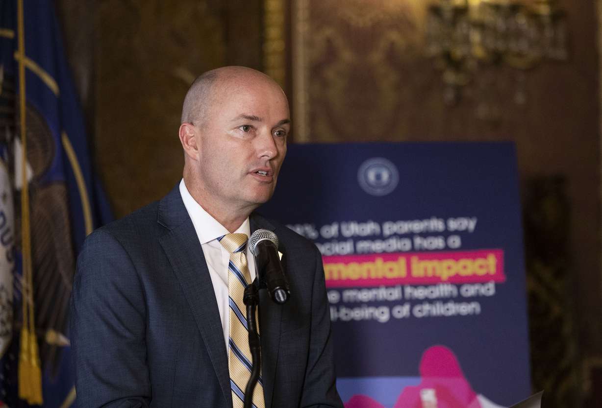 Gov. Spencer Cox announces the launch of a new public awareness campaign urging parents to learn about the harms social media has on youth at the state Capitol in Salt Lake City on Thursday.