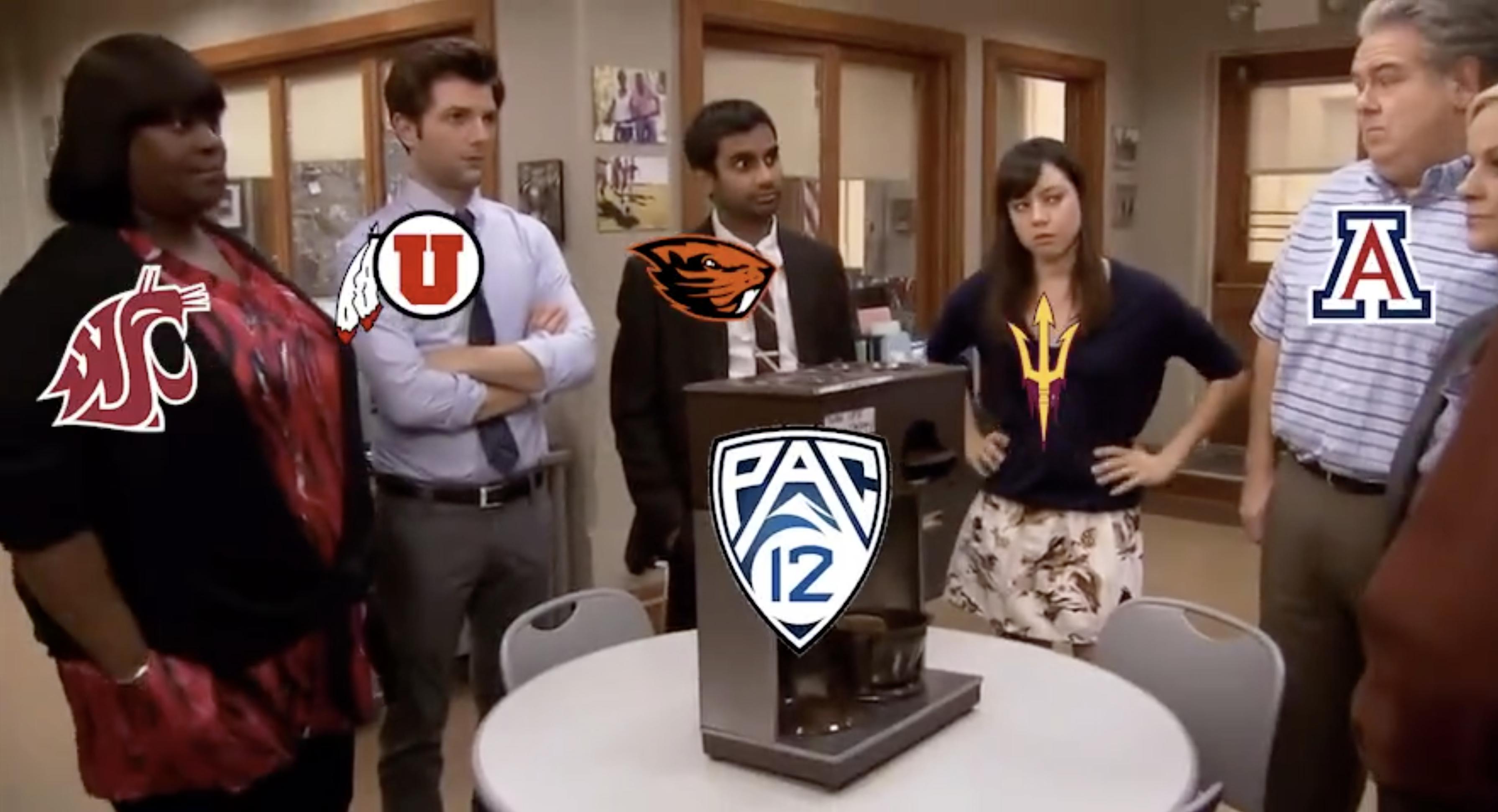 The Pac-12 schools, represented by characters from "Parks and Recreation," stand around a broken coffee maker, representing the Pac-12, in a video released on Twitter Wednesday. 