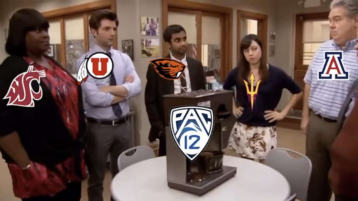 The Pac-12 schools, represented by characters from "Parks and Recreation," stand around a broken coffee maker, representing the Pac-12, in a video released on Twitter Wednesday.