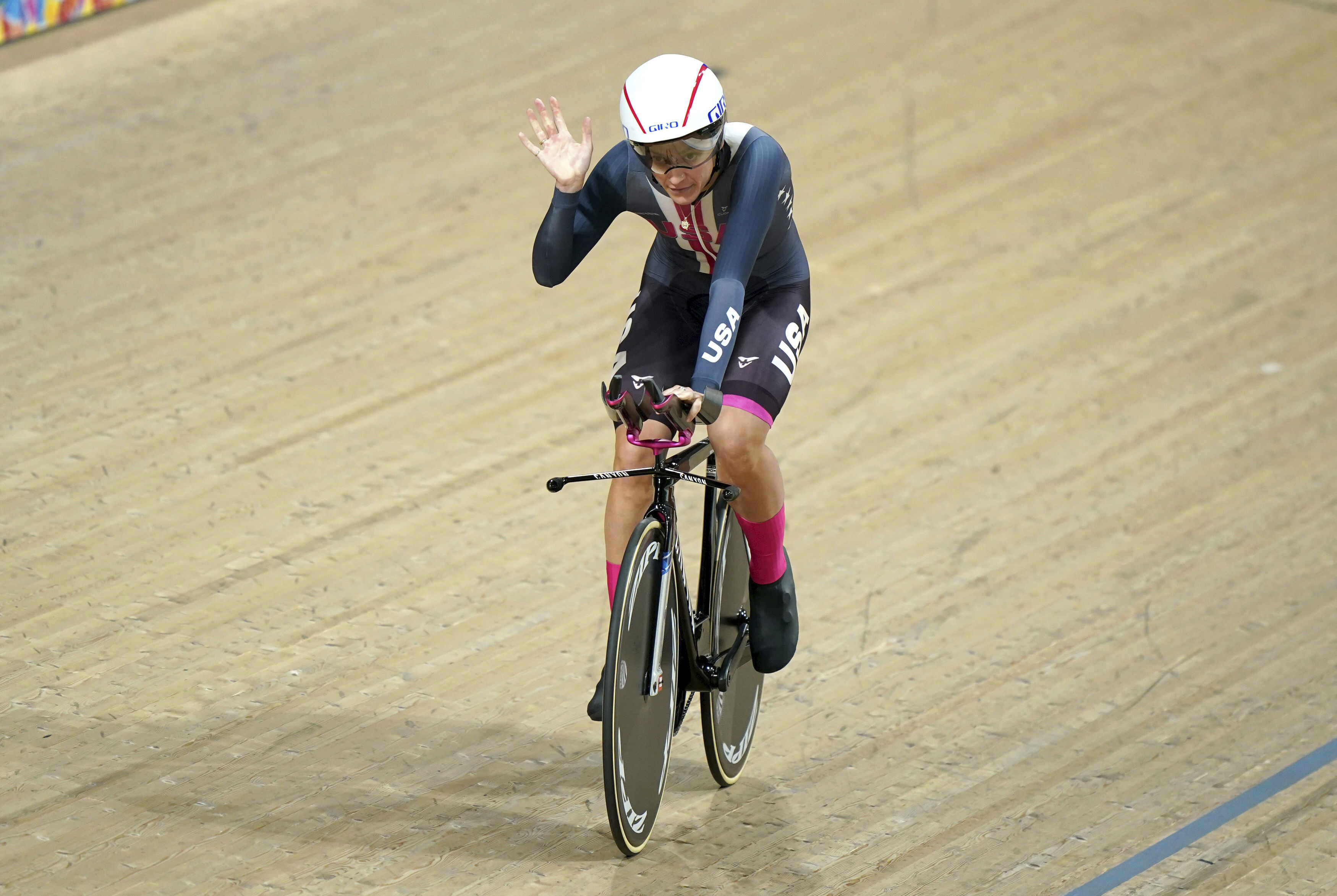 USA's Chloe Dygert celebrates winning gold in the Women's Elite Individual Pursuit on day one of the 2023 UCI Cycling World Championships at the Sir Chris Hoy Velodrome, Glasgow, Scotland, Thursday Aug. 3, 2023.